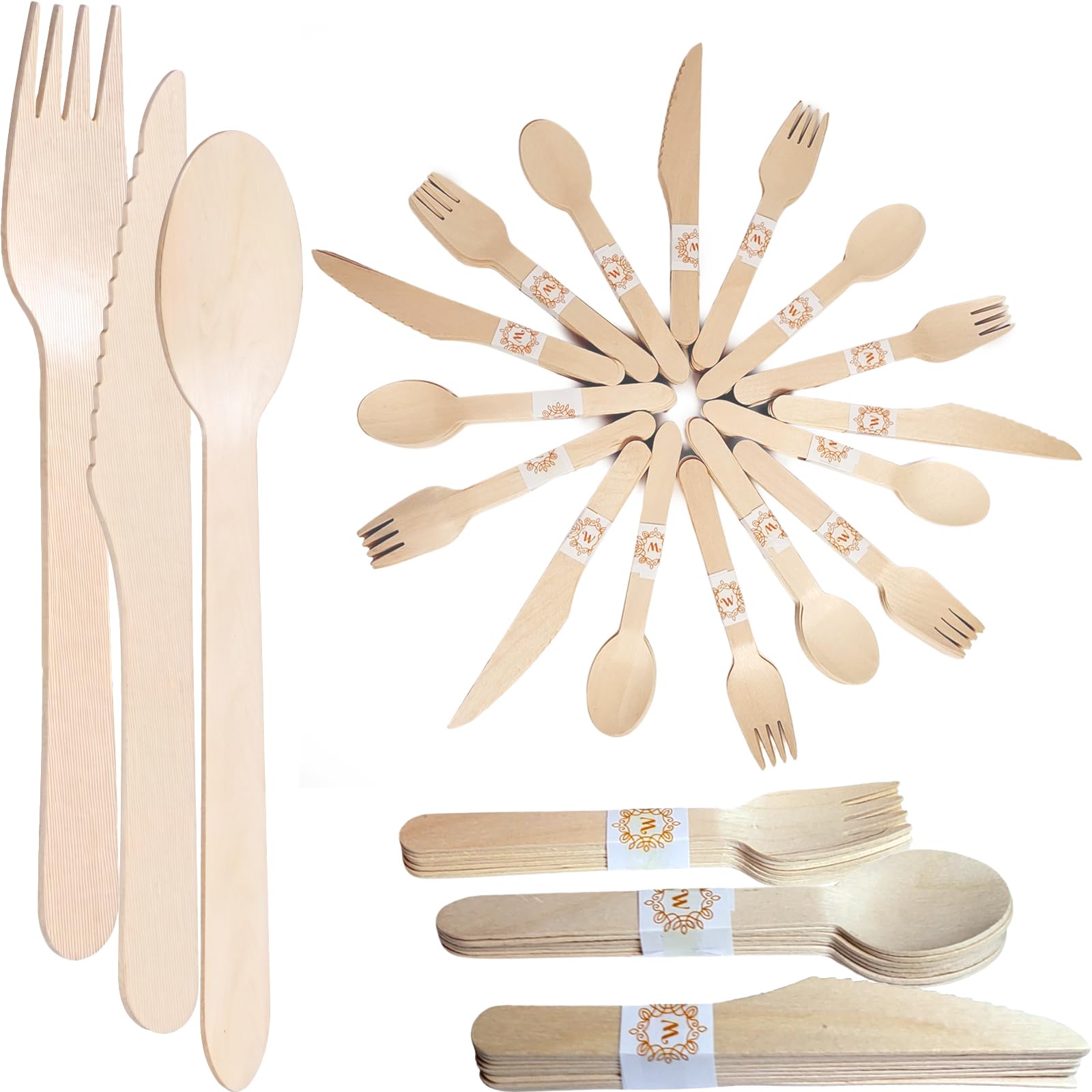 150pcs Disposable Wooden Cutlery Set - 100% All-Natural Disposable Biodegradable Wood Eco Friendly 50 Forks, 50 Knives, 50 Spoons