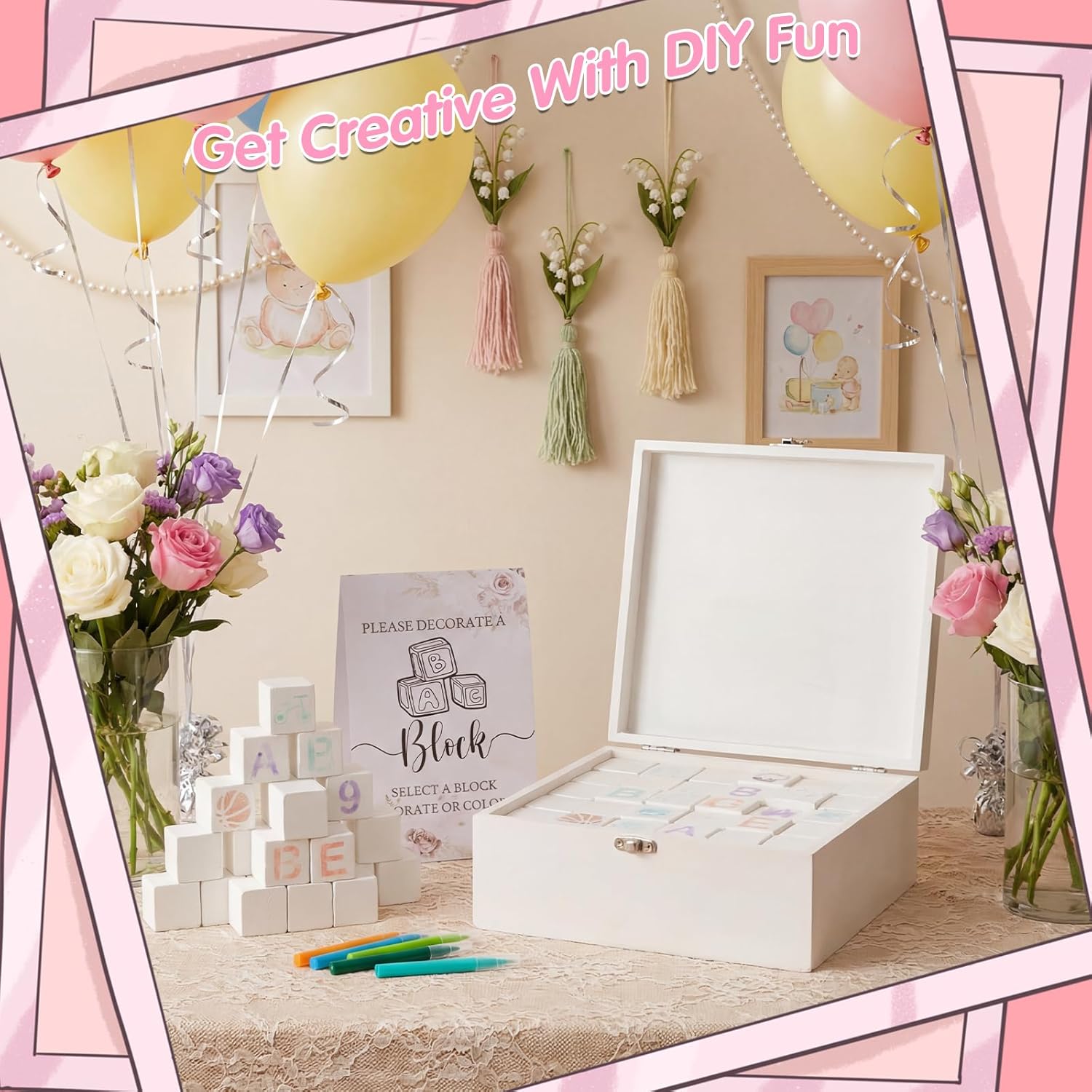 224 Pcs Baby Shower Blocks to Decorate Kit With 98 White Wooden Blocks, White Wooden Box, 24 Markers, 100 Pattern Templates, Sign, Complete Baby Shower Activity Kit for Gender Reveal Party Decorations