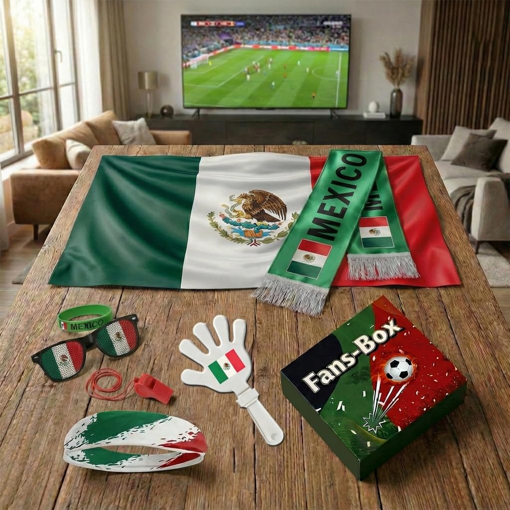 Soccer Fan Gear Set 2026-7 Piece Game Day Kit with Flag, Scarf, Glasses, Whistle, Clapper, Wristband & Headband in Gift Box - Watch Party & Stadium Essentials for Mexico - 3