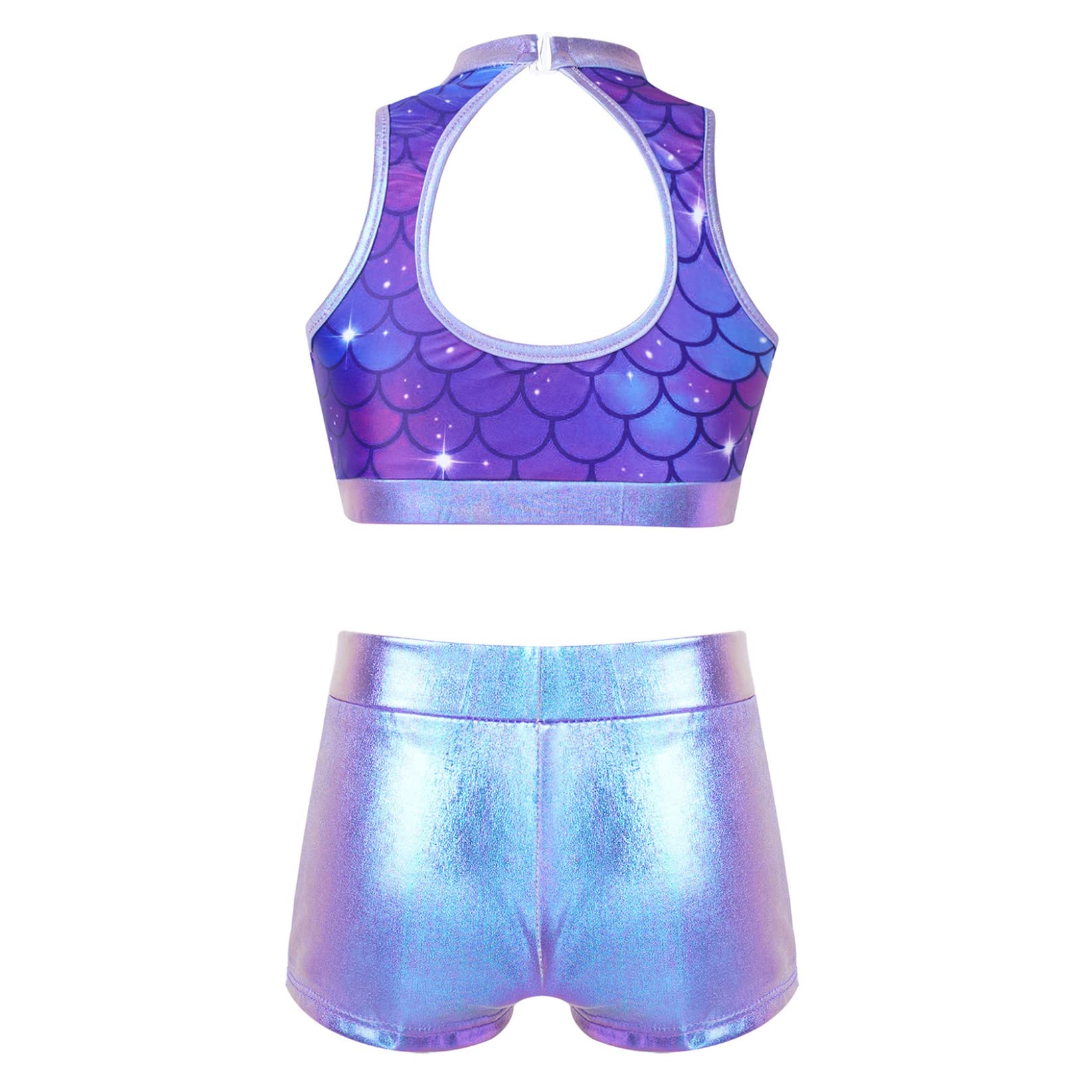 TTAO Kids Girls Jazz Hip Hop 2PCS Dancewear Outfit Sequins Crop Top with Metallic Shorts Set Performance Dance Costume Purple Fish Scales 6 Years