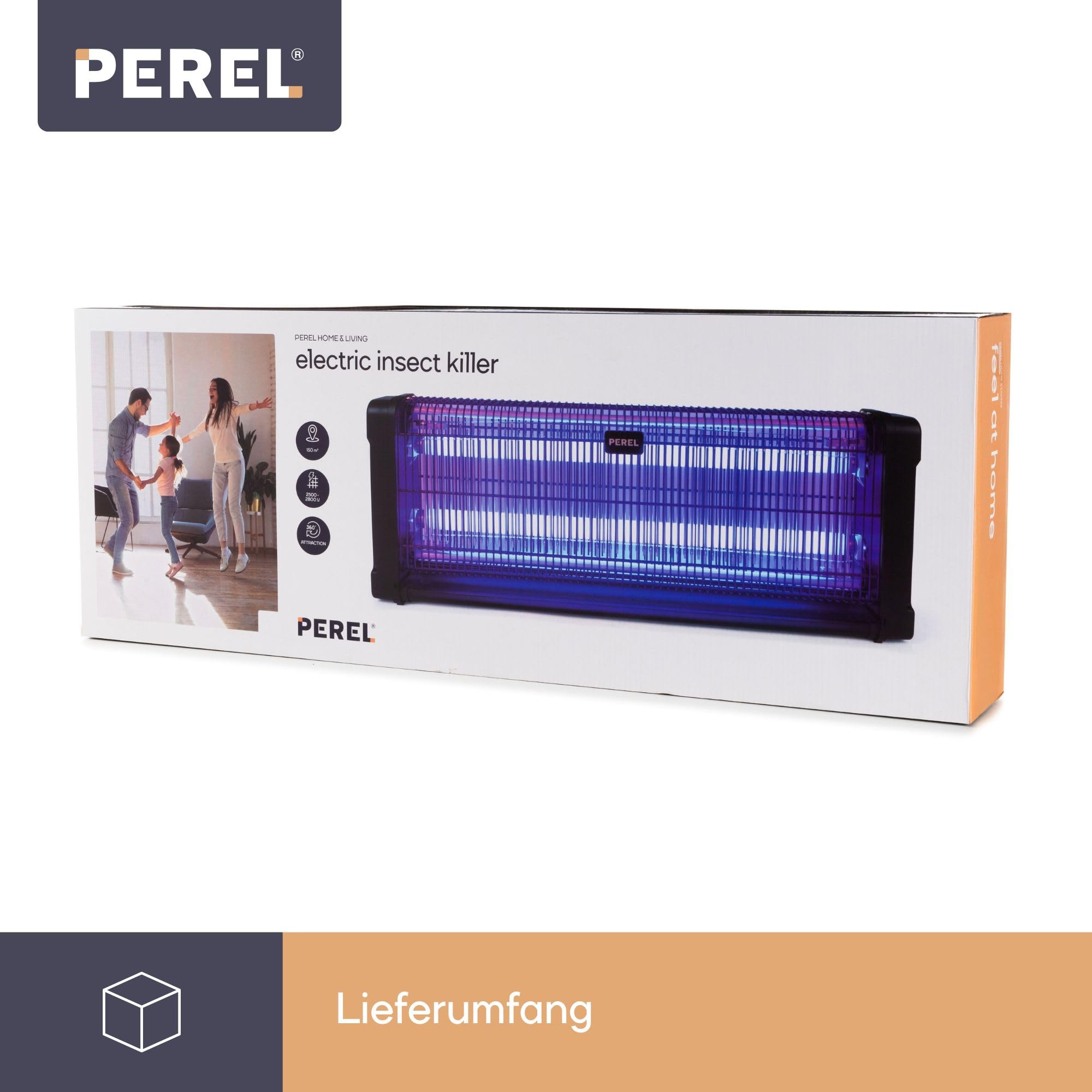 Perel Elektrischer UV Insektenvernichter innen, 2800V Hochspannungsgitter, leise Fliegenlampe mit entnehmbarer Metallschale, 150 m² Abdeckung, chemiefreie Insektenbekämpfung