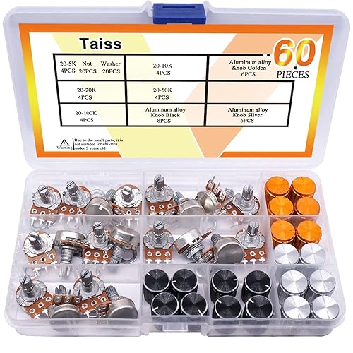 Taiss Kit de componentes electrónicos surtido de 2016 unidades + 60 unidades B5K 10K 20K 50K 100K Ohm Potenciómetro rotativo con perilla de aleación