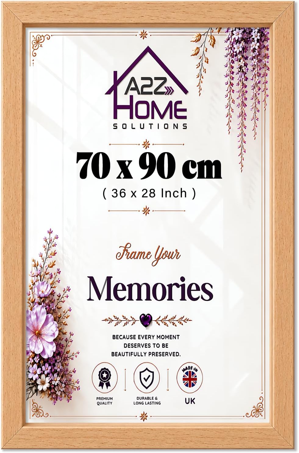 Wall Photo Frame Beech 70x90 cm Frame With 80x60 cm Mount Picture Poster Print With Clear HD Perspex 30x15 MM Moulding Mounting Hooks MDF Backboard