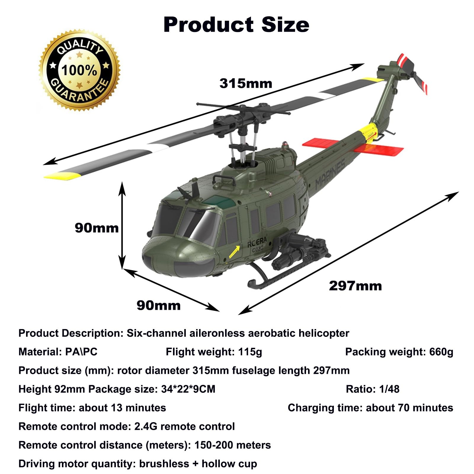 C032 UH-1 Huey Elicottero telecomandato, 1/48 Scala Flybarless Stunts RC Elicottero per adulti con 2 batterie Posizionamento del flusso ottico Regalo per gli appassionati militari RTF(Yellow)