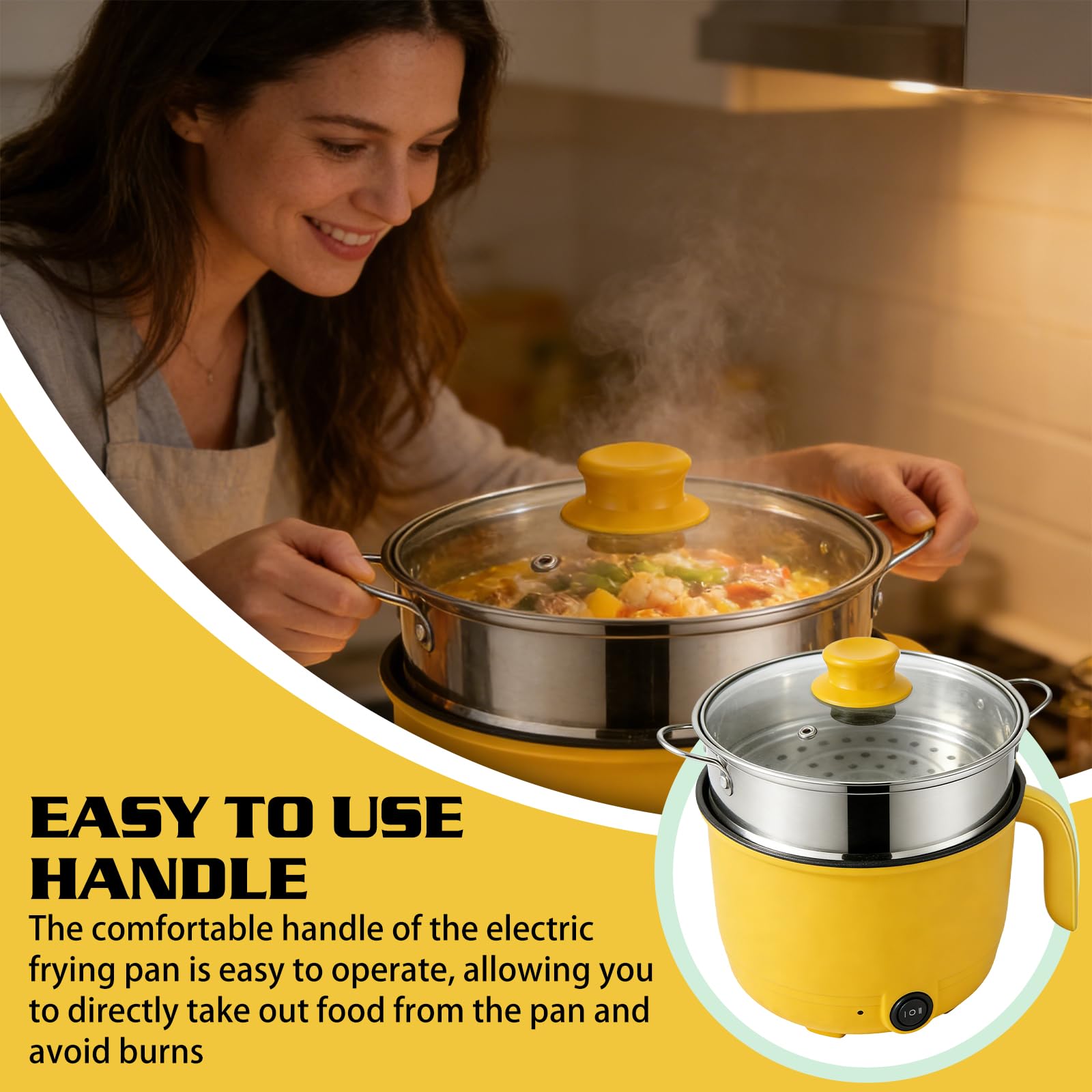 Elektryczny Hot Pot, 1,3 l elektryczny garnek do gotowania, 600W 220V Hot Pot Ramen Cooker z parowarem ze stali nierdzewnej, z powłoką antyadhezyjną Hot Pot elektryczny do zupy/ramen/makaronu/płatków