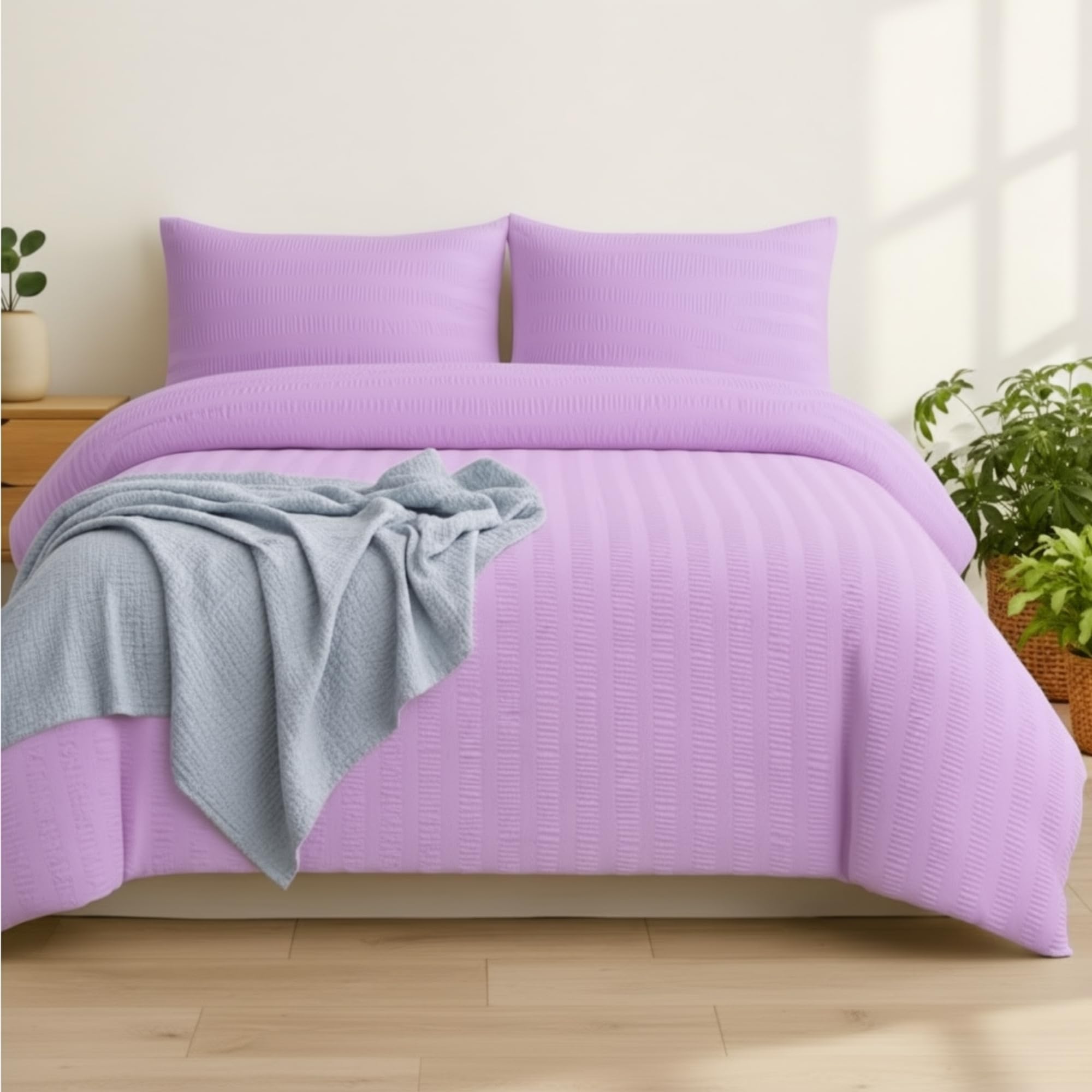 Q&H Bedding Double Seersucker Duvet Cover Set - Lilac Quilt Cover Brushed Microfiber with Pillowcase - Multiple Sizes Complete Bedding Set - Soft & Breathable, Easy Care & Machine Washable โ image 1