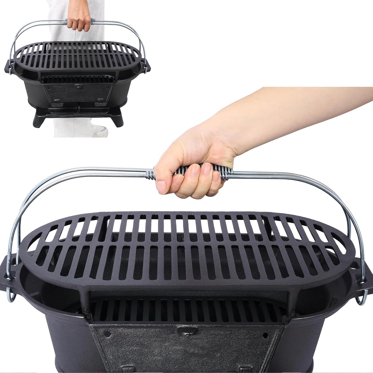 2025 Upgrade portable cast grill, hibachi grill outdoor, Cast Iron Hibachi Grill, hibachi 100% Cast Iron with Double-Sided Grate, Small Charcoal, Camping Stove (1, No handle)