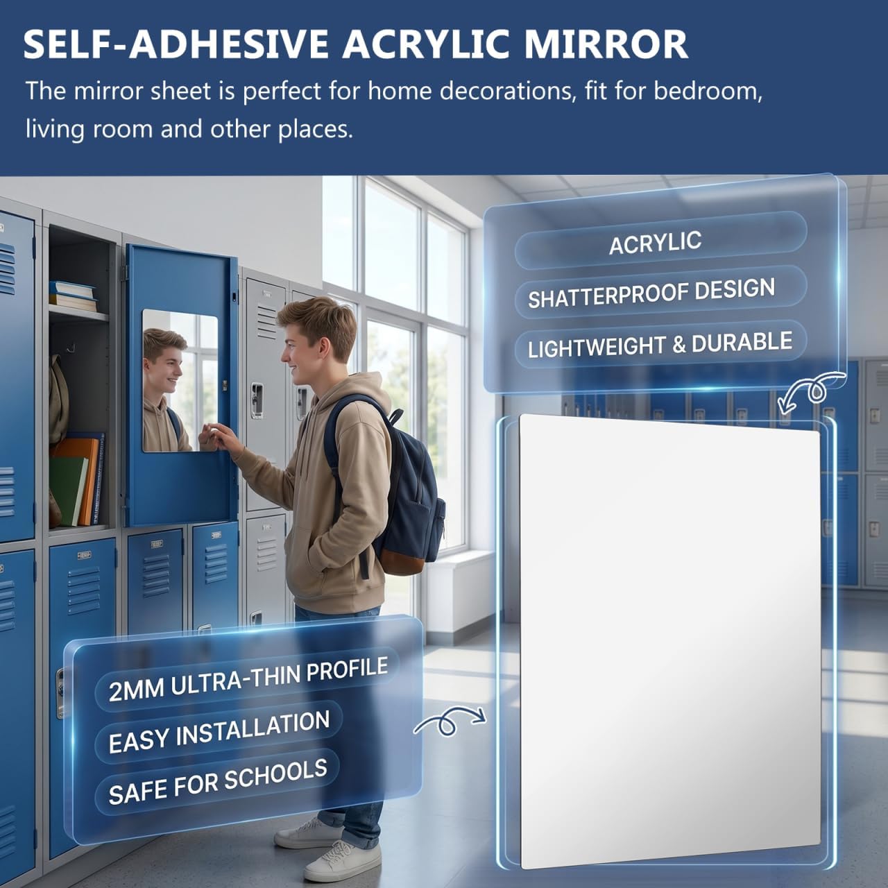 Shatterproof Acrylic Mirror Sheet: 16"x12" (2mm Thick) Frameless Wall Mirror with Rounded Corners, Self-Adhesive Unbreakable Reflection Decal for School Locker, Gym & Dorm