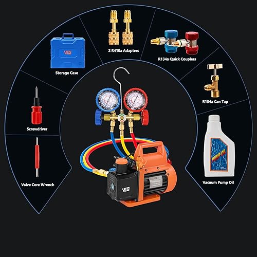Miniatura 7 de Juego de bomba de vacío de CA de 4.5 CFM y calibrador, para mini split, HVAC, sistemas automáticos, kit de manómetro compatible con R134a R12 R22