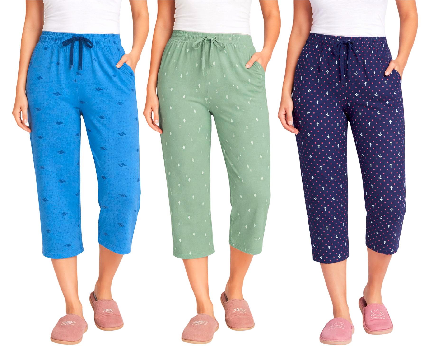 Women’s Printed Cotton Capri Pants for Women with Pocket | Soft Comfortable Stretchable Daily Wear Lounge Capri Bottomwear Pack of 3 (BluDot-GrnLeaf-Nvy, M)-picture-36
