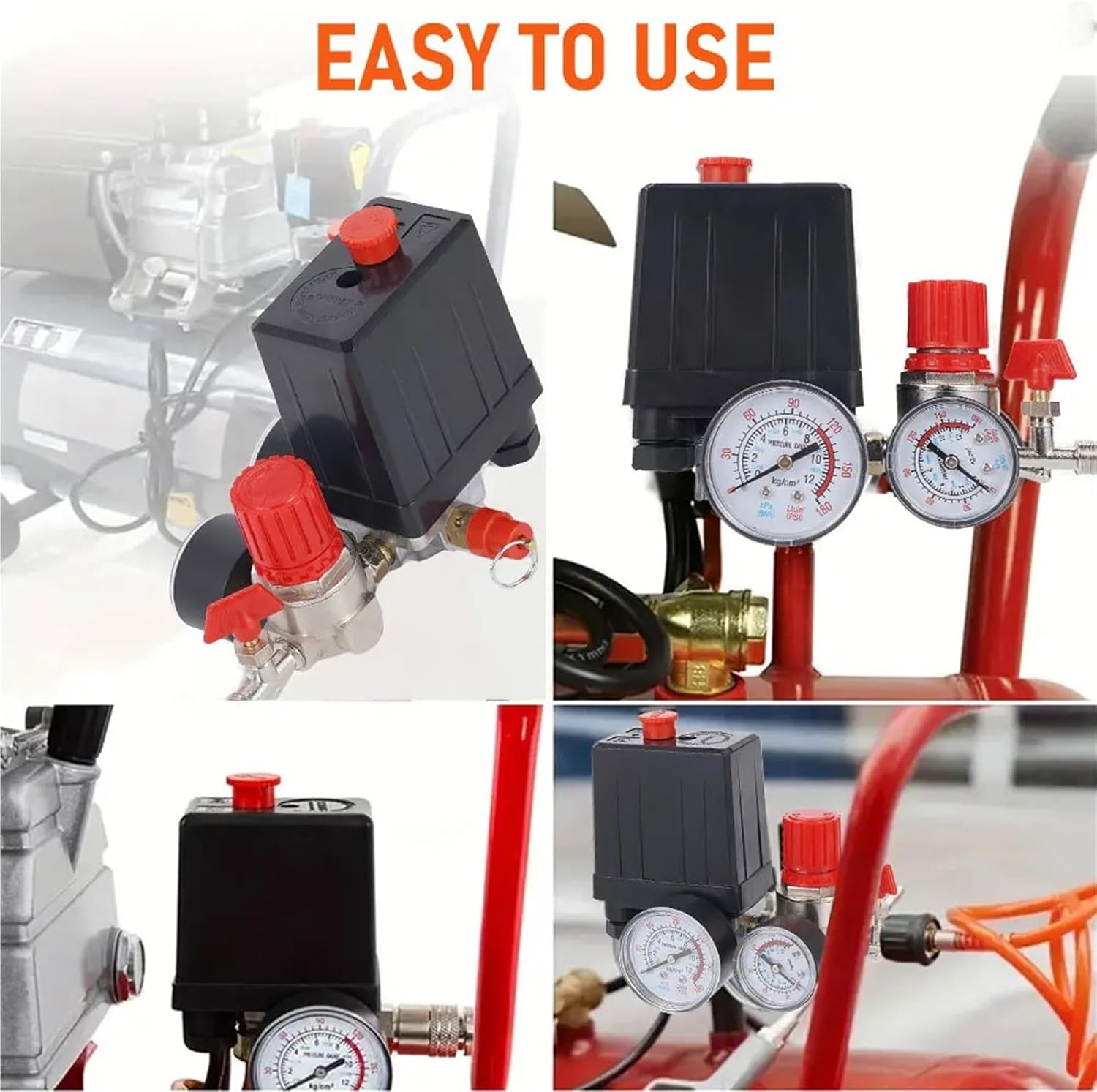 220V Air Compressor Pressure Switch Control Valve Regulator with Gauges Air Regulator Valve Air Pumps Aluminum Control Valve(Single)