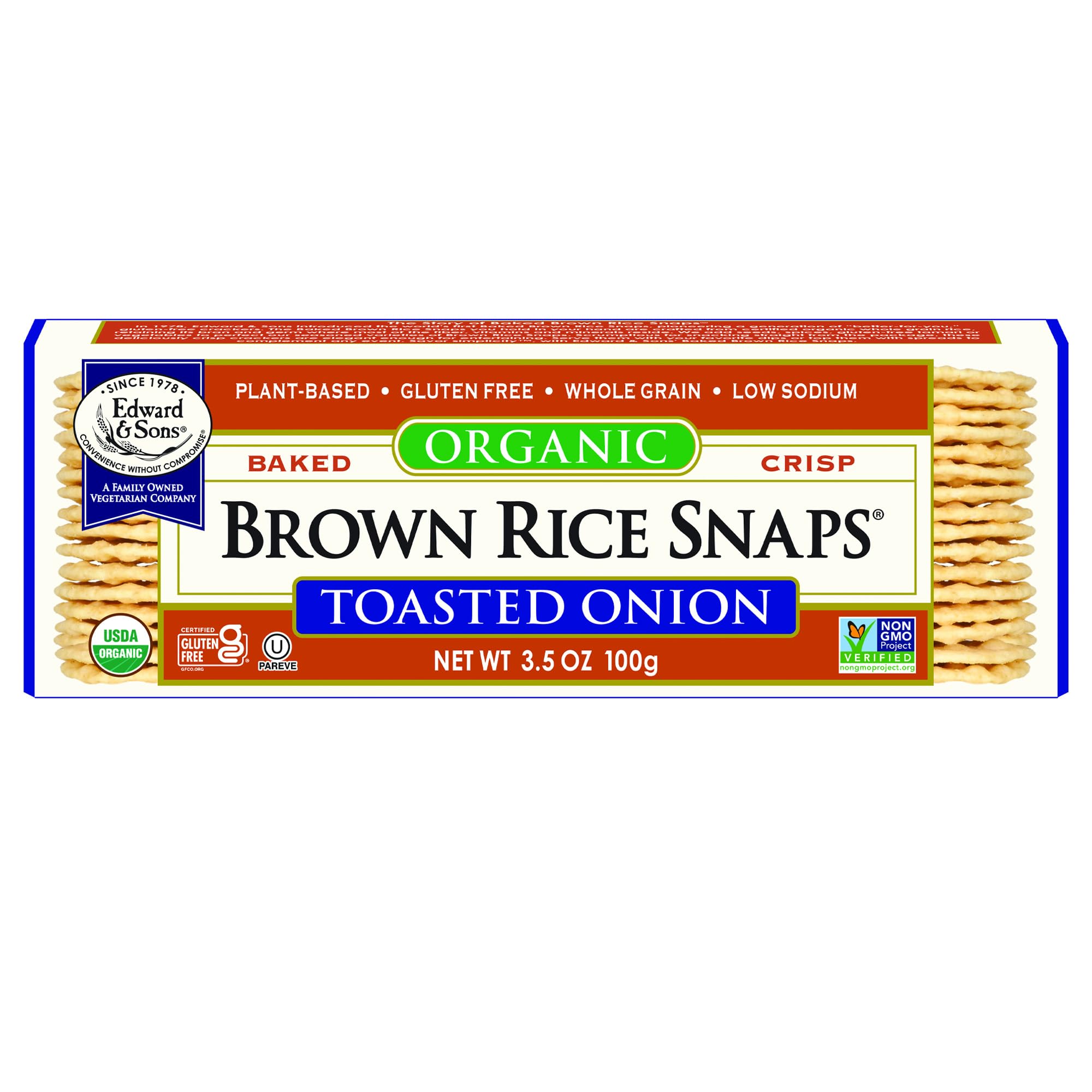 Edward & Sons Organic Toasted Onion Brown Rice Snaps - Oven Baked, Whole Grain, Gluten Free, Low Sodium, Low Fat, Non-GMO Project Verified, USDA