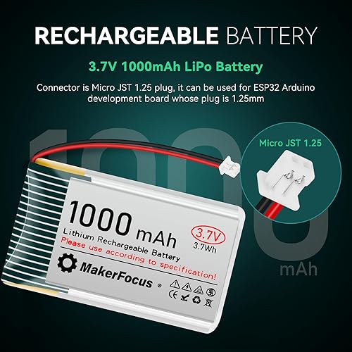 Miniatura 2 de 2pcs 3.7V 1000mAh batería de polímero de litio 1S 1C batería recargable con placa de protección, cinta de goma aislada y micro JST 1.25 enchufe para