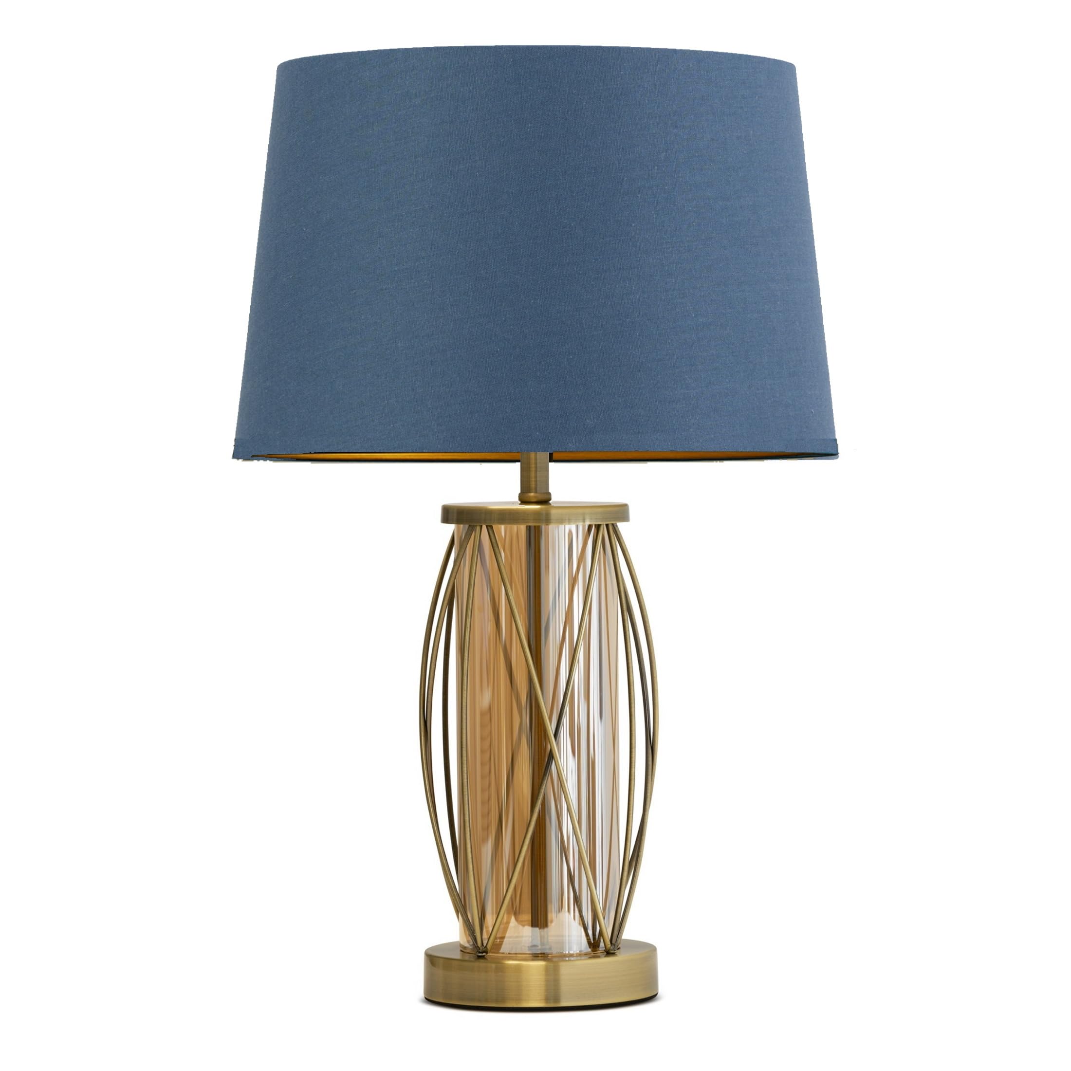 Lighting Supermarket Amber Glass Ashleigh Antique Brass Cylinder Lantern Table Lamp With Juniper Blue Shade