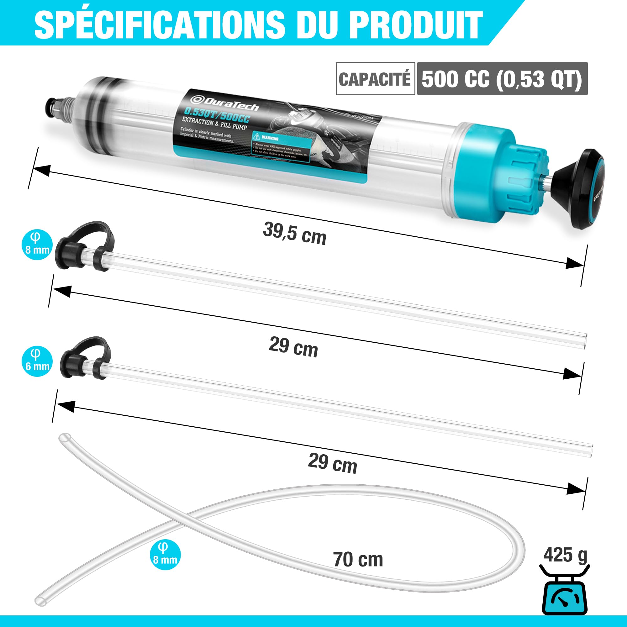 DURATECH Seringue a Huile 500ml, Extraction d'Huile Moteur, Seringue a Huile Boite Vitesse avec Tube Extension, Aspiration et Remplissage Manuels de Carburant et Liquide