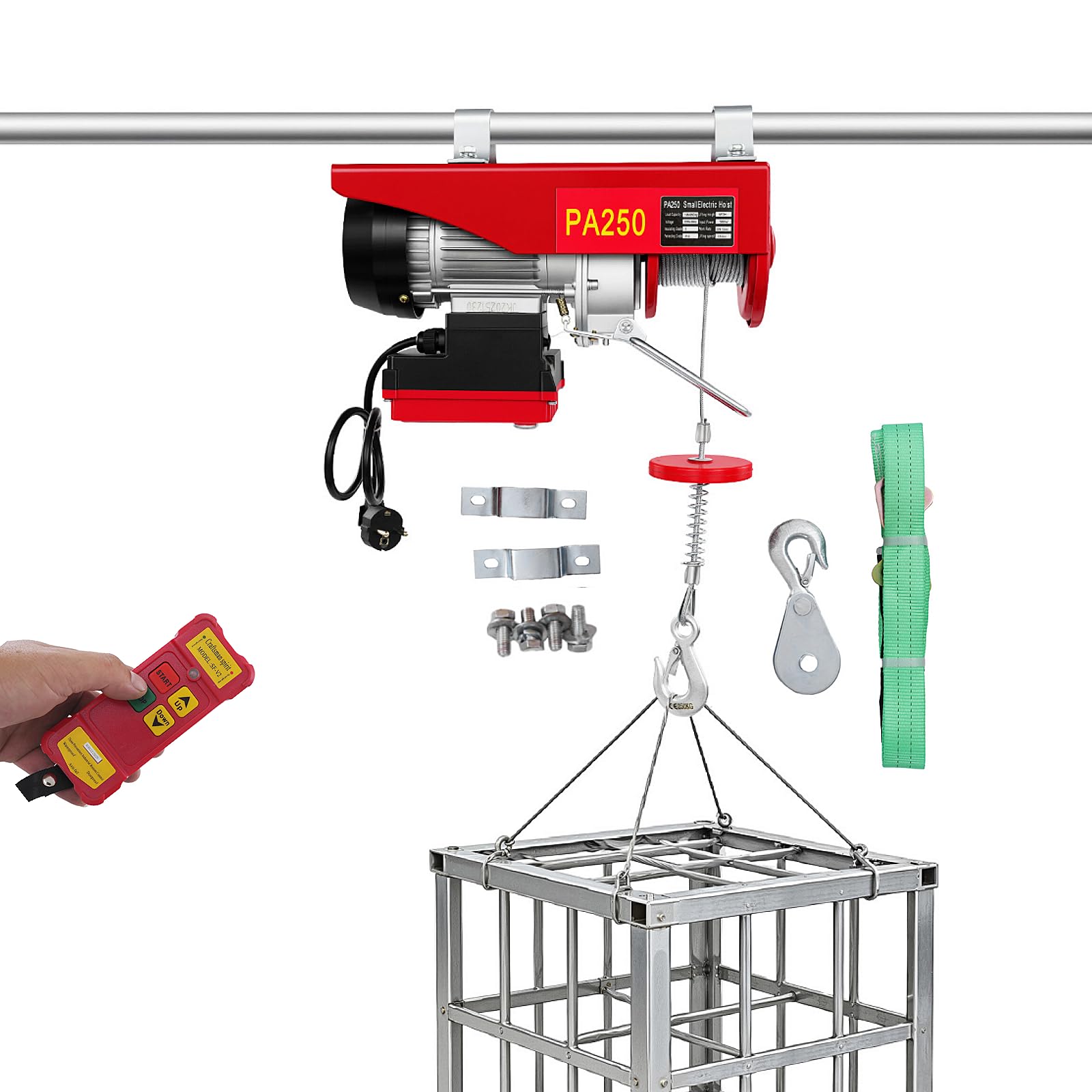Elektryczna wciągarka linowa 230 V | wysokość podnoszenia 12 m | 10 m/min pojedynczy kabel i podwójny kabel 5 m/min | 550 W | linka z linką stalową 12 m, wyłącznik końcowy, pilot zdalnego