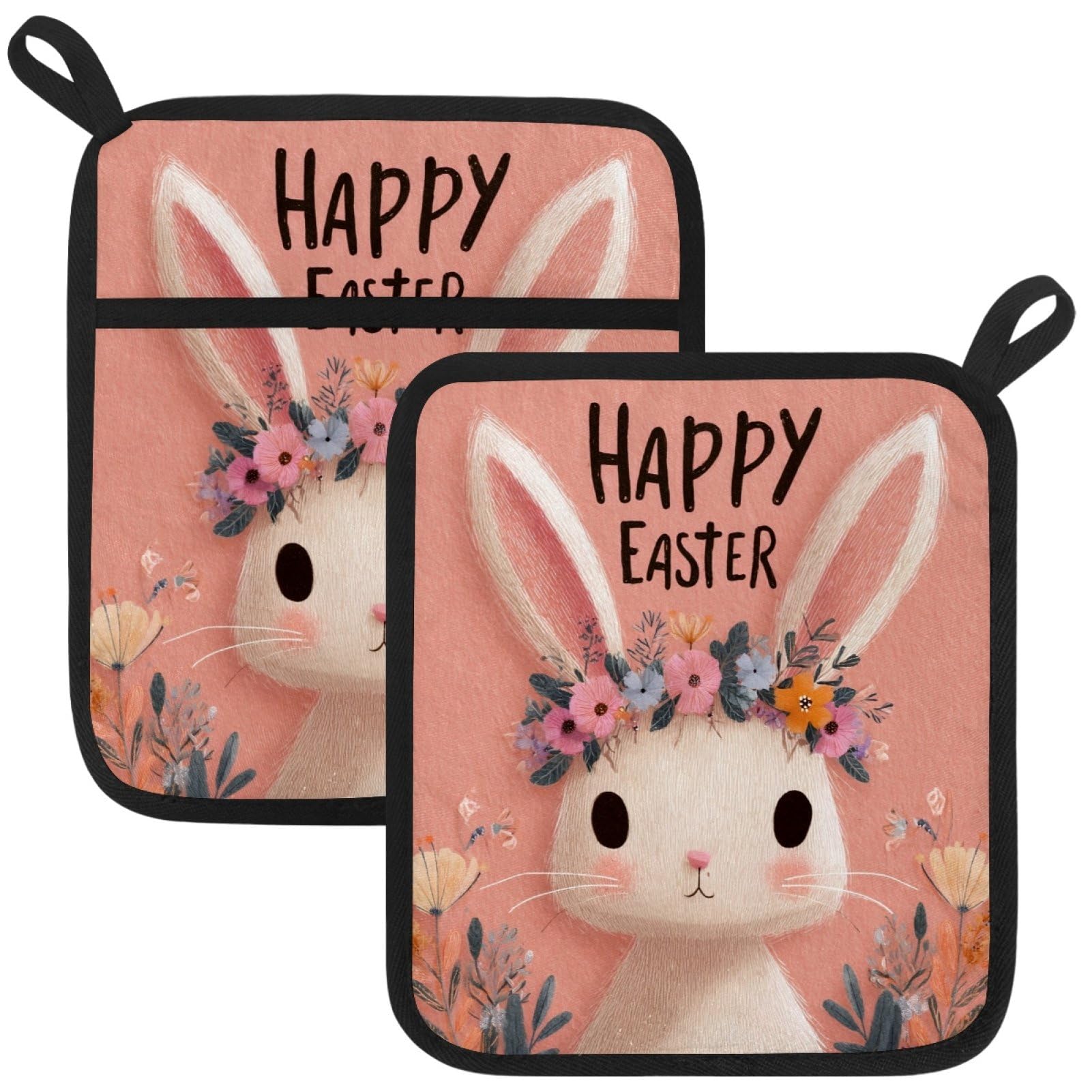 VAPOKF Easter Bunny Kitchen Hot Pot Holder, Pot Holders Heat Resistant Pot Holder with Pocket Heat Resistant Trivets for Hot Pans Cotton Pot Mitts for Kitchen Cooking Baking