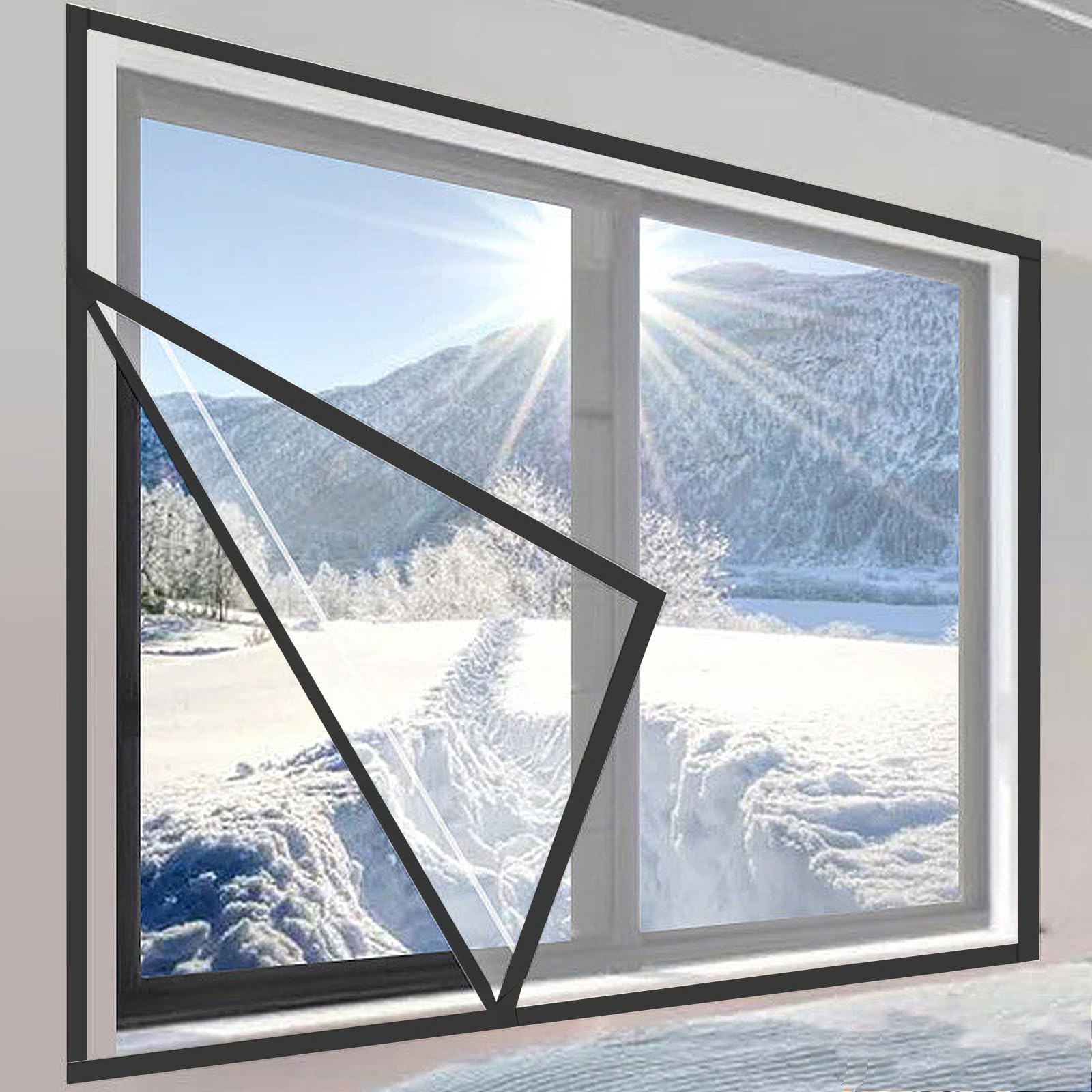 Isolierfolie Fenster, Thermofolie Fenster gegen Kälte, Winddicht Geräuschdämmung Transparent Selbstklebend PVC, für Alte Undichte Fenster Wohnungen Büros(Black edge,W140 x H150cm)