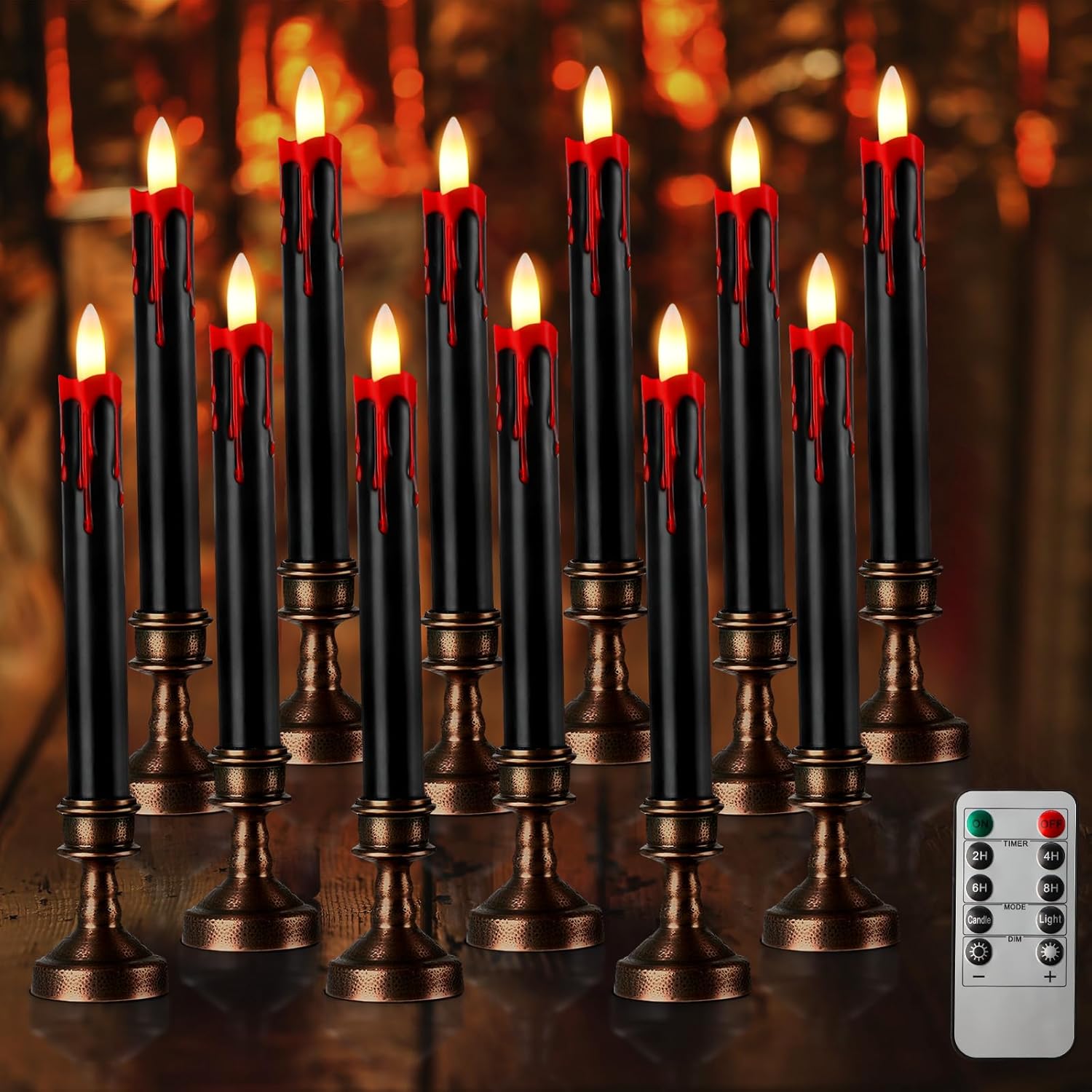 Sratte 12 Sets Halloween Blood Dripping Candle Holder Decoration LED Flameless Candlestick with Remote Battery Operate Vampire Tears Spooky Scary Creepy Decor for Indoor Home (Brown Holder)