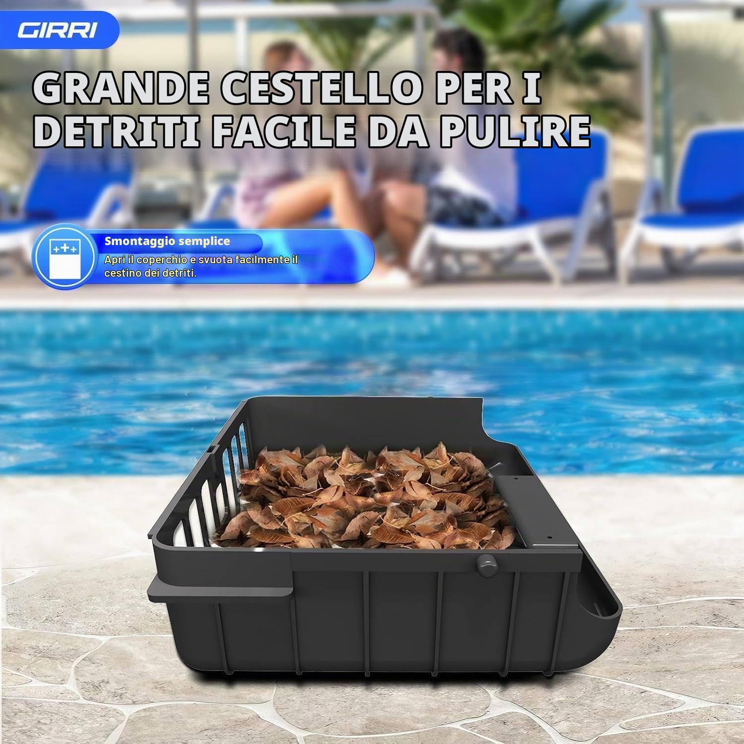 Skimmer automatizzato per piscina, robot per piscina con cestello per skimmer, alimentazione a batteria e ad energia solare, 5-10 m/minuto, capacità di filtraggio 80 ㎡ Pulizia doppia modalità