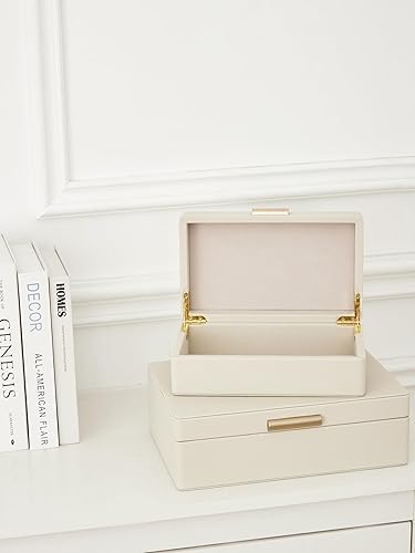 Miniatura 6 de Shagreen - Juego de 2 cajas decorativas de cuero marfil con tapas, modernas cajas apilables con asas doradas para organizar la decoración del hogar