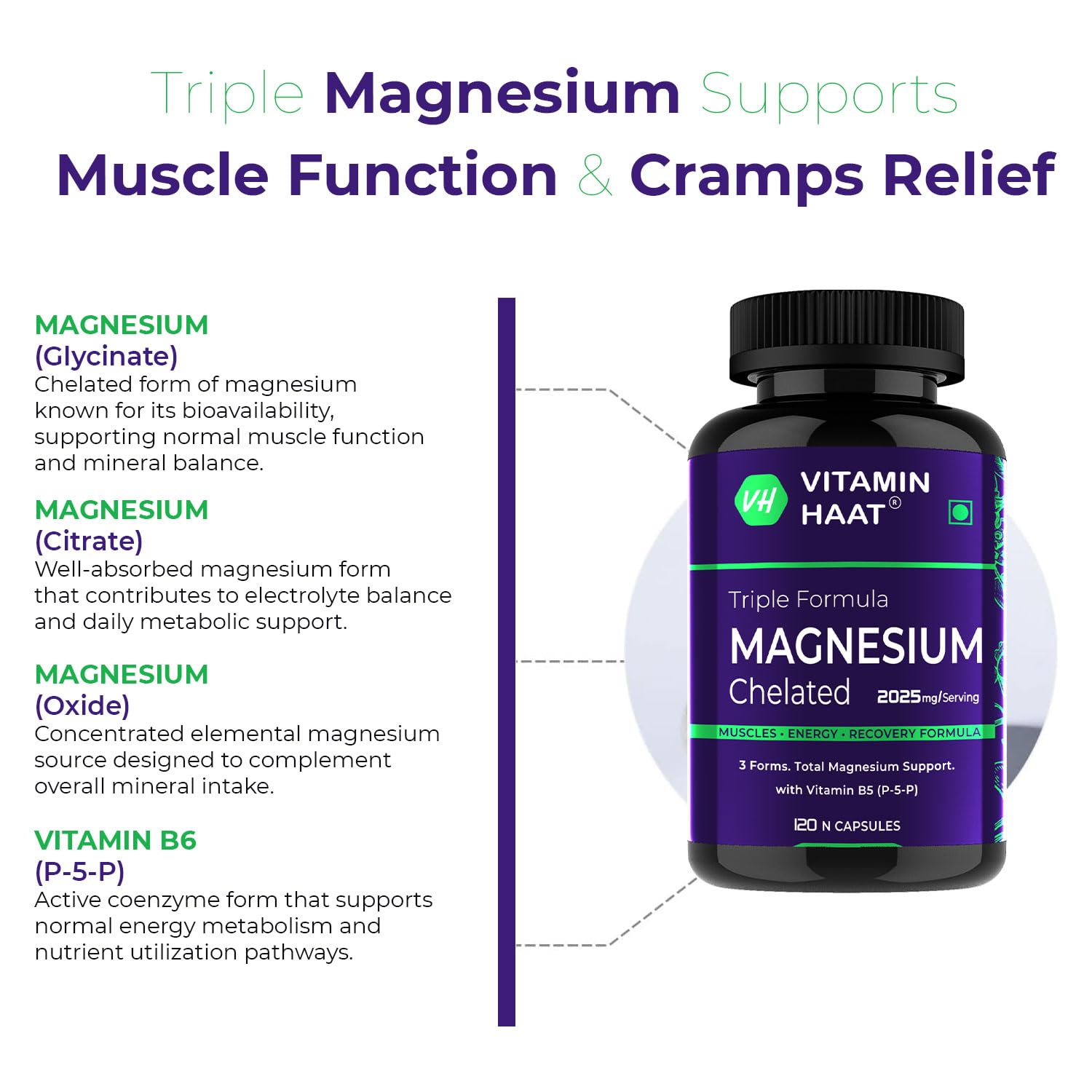 Magnesium Supplement | Magnesium Glycinate and Citrate with Vitamin B6 Supports Muscle Recovery & Better Sleep | Triple Mineral Complex |2025mg Per Serving 120 Capsules by VitaminHaat — Amazon image 6