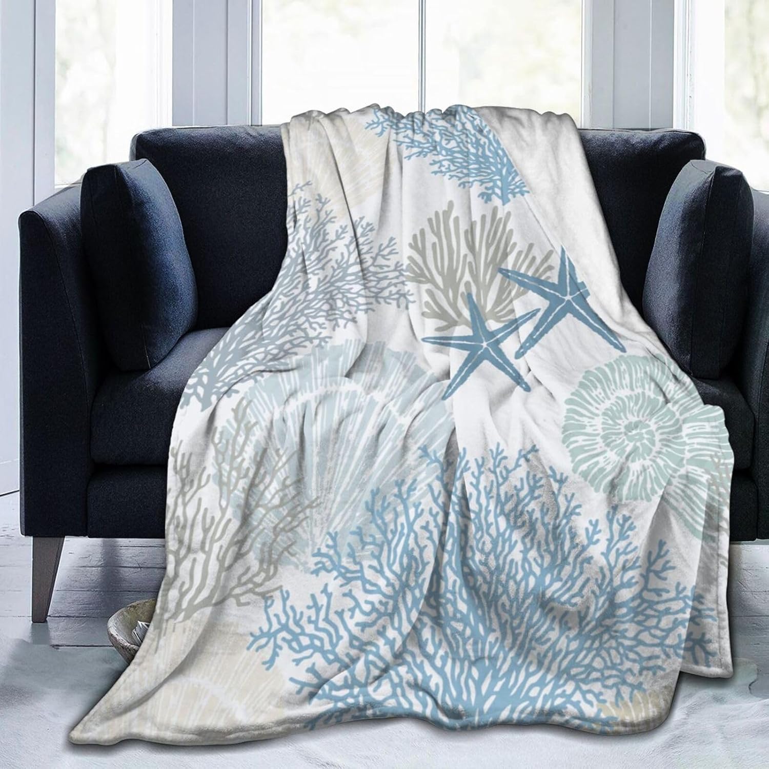 Nautical Coastal Blanket Starfish Seashell Coral Beach Themed Throw Blankets Gifts for Kids Adults Sea Ocean Theme Lightweight Soft Fleece Cozy for Sofa Couch Bed Room Home Decor 50x60in