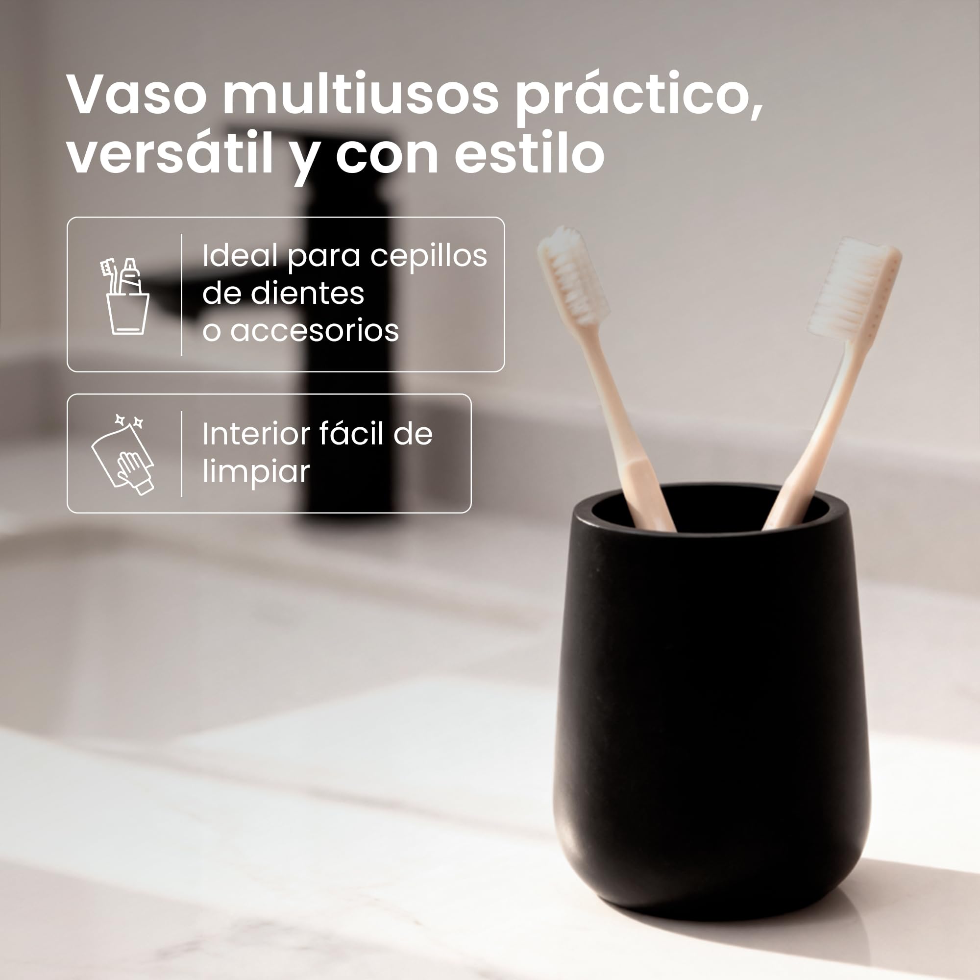 Set de Baño Moderno de 3 Piezas, Accesorios de Resina | Dispensador de Jabón 380 ml + Vaso para Cepillos de Dientes + Escobilla de Inodoro, Juego de Aseo Diario, Libre de BPA (Negro)