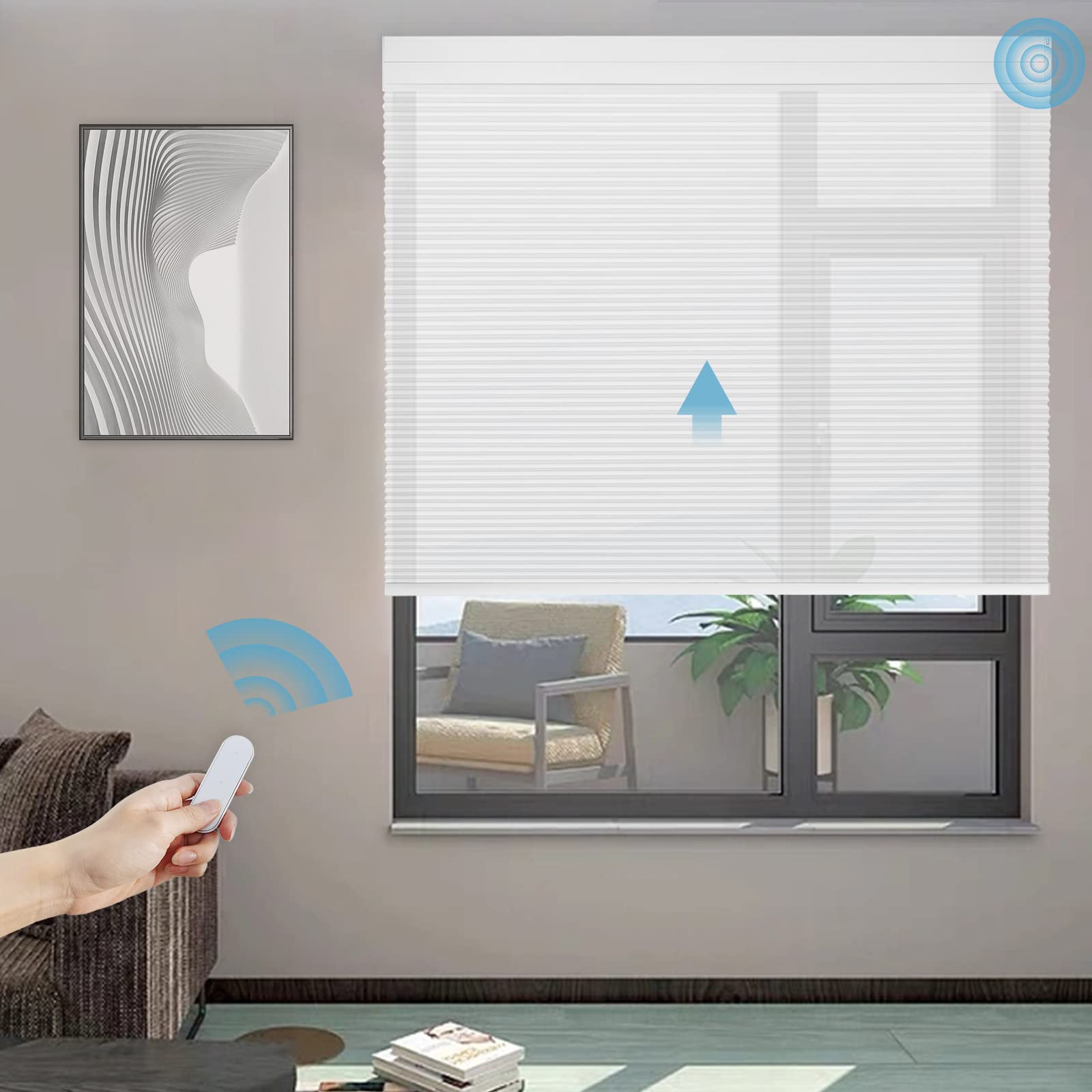 Grandekor Motorized Cellular Shade with Remote,Motorized Blinds 90% Blackout Cordless Smart Honeycomb Blinds with Battery Powered,White Light-Filtering,35x64