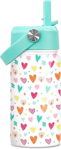 Botella de agua para niños con tapa con popote, botellas de agua aisladas de acero inoxidable de 12 onzas para niñas y niños pequeños, botella de