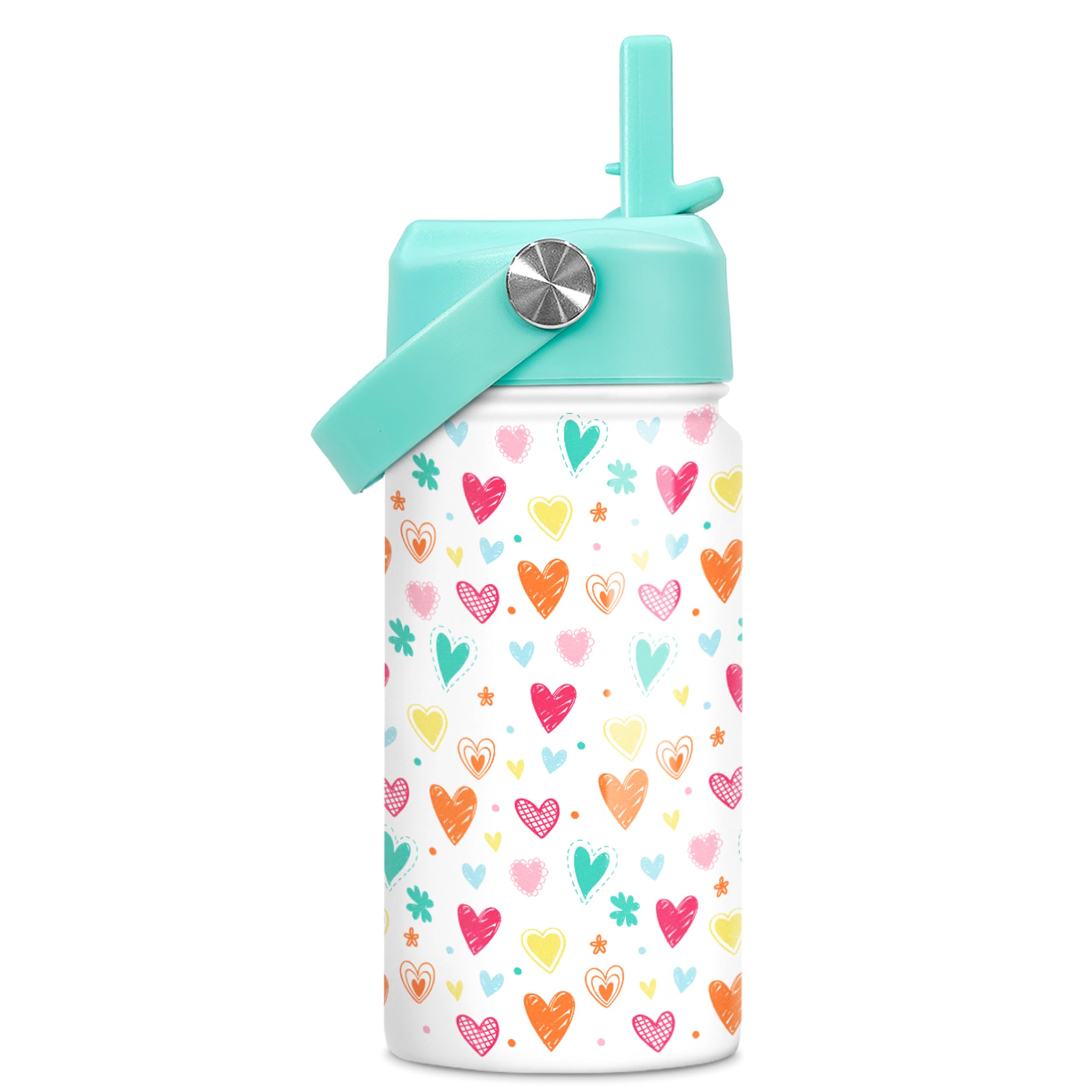 SANDJEST Kids Water Bottle with Straw Lid - Insulated 12 Oz Stainless Steel Water Bottles for Girls - Heart Water Bottle Travel Cup for School Sports