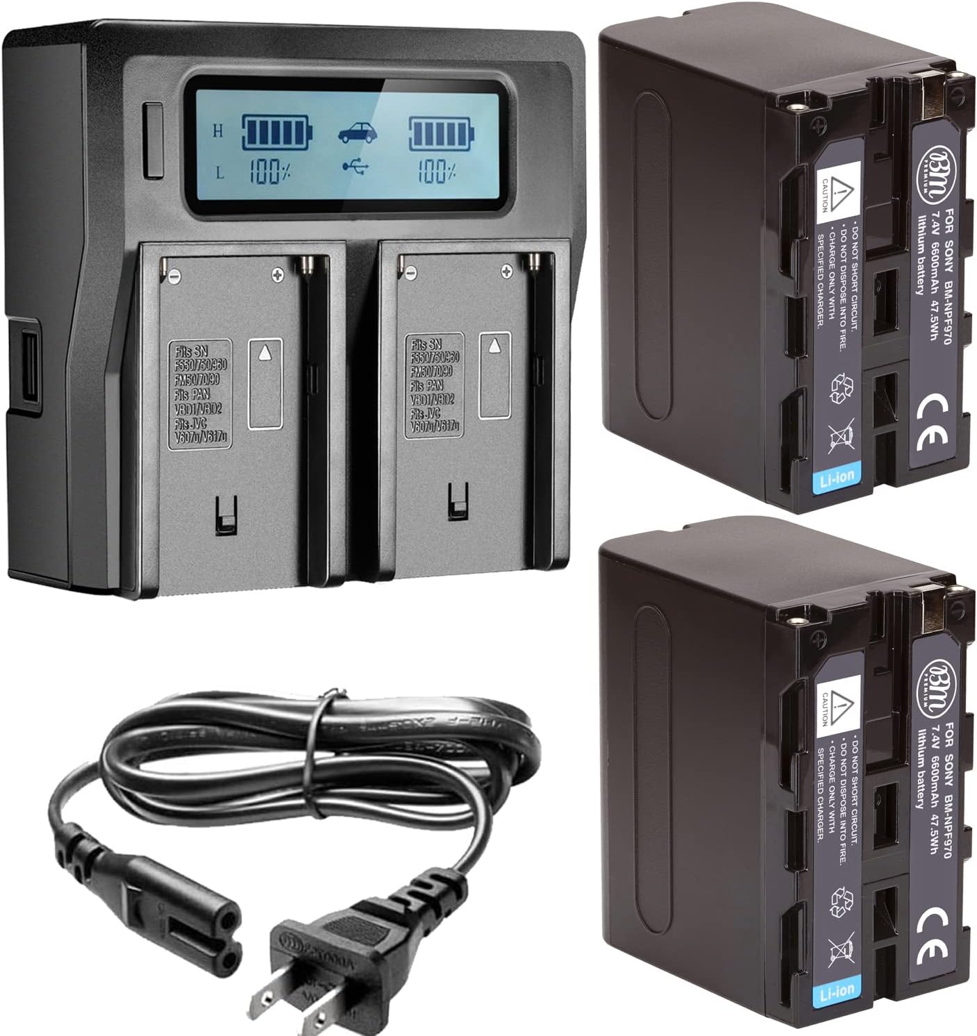 BM Premium 2 NP-F970 NP-F960 NP-F975 NP-F570 Batteries and Dual Bay LCD Battery Charger for Sony PXW-Z150, Z190, Z280, NEX-EA50M, FDR-AX14K, CN160 FW568 F100 F200 FW700 and Other LED Video Light