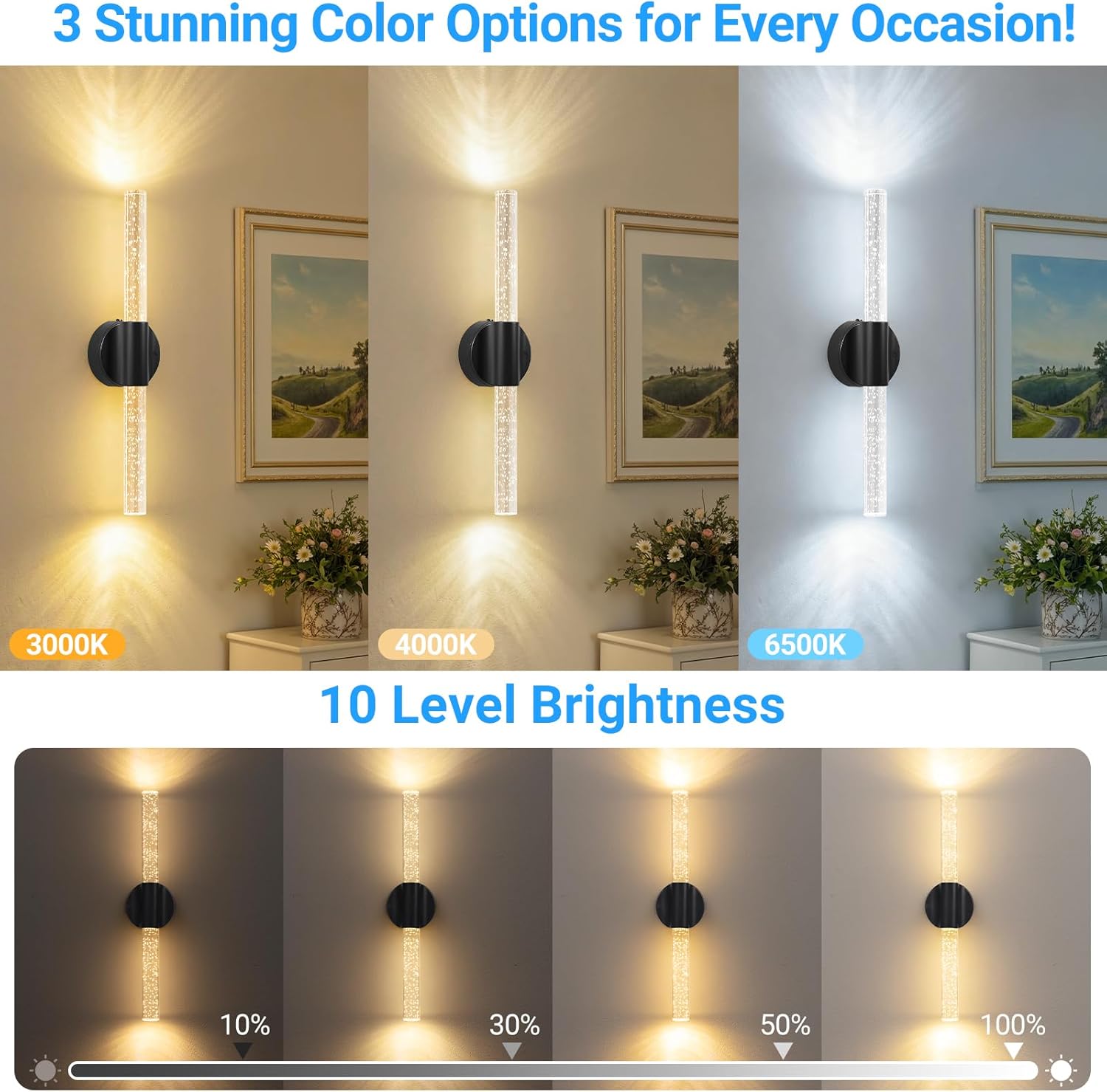 Peel and Stick on Black Battery Operated Wall Sconces Set of 2, Rechargeable Magnetic Wireless Wall Lights for Bedroom, Long Picture Vanity Wall Lamps with Remote&Touch Control, 3CCT&Dimmable Sconces