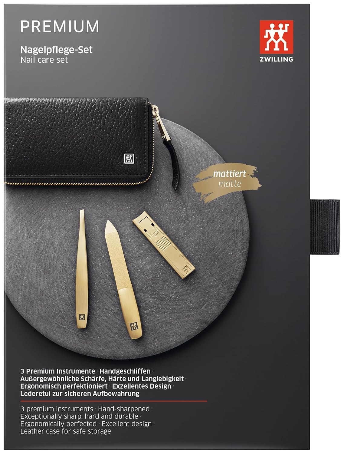 ZWILLING Maniküre-Set (3 teilig, schwarzes Echtleder Etui, Pflege für Hände und Füße, Reiseset, mit Nagelknipser), Premium, Gold Edition