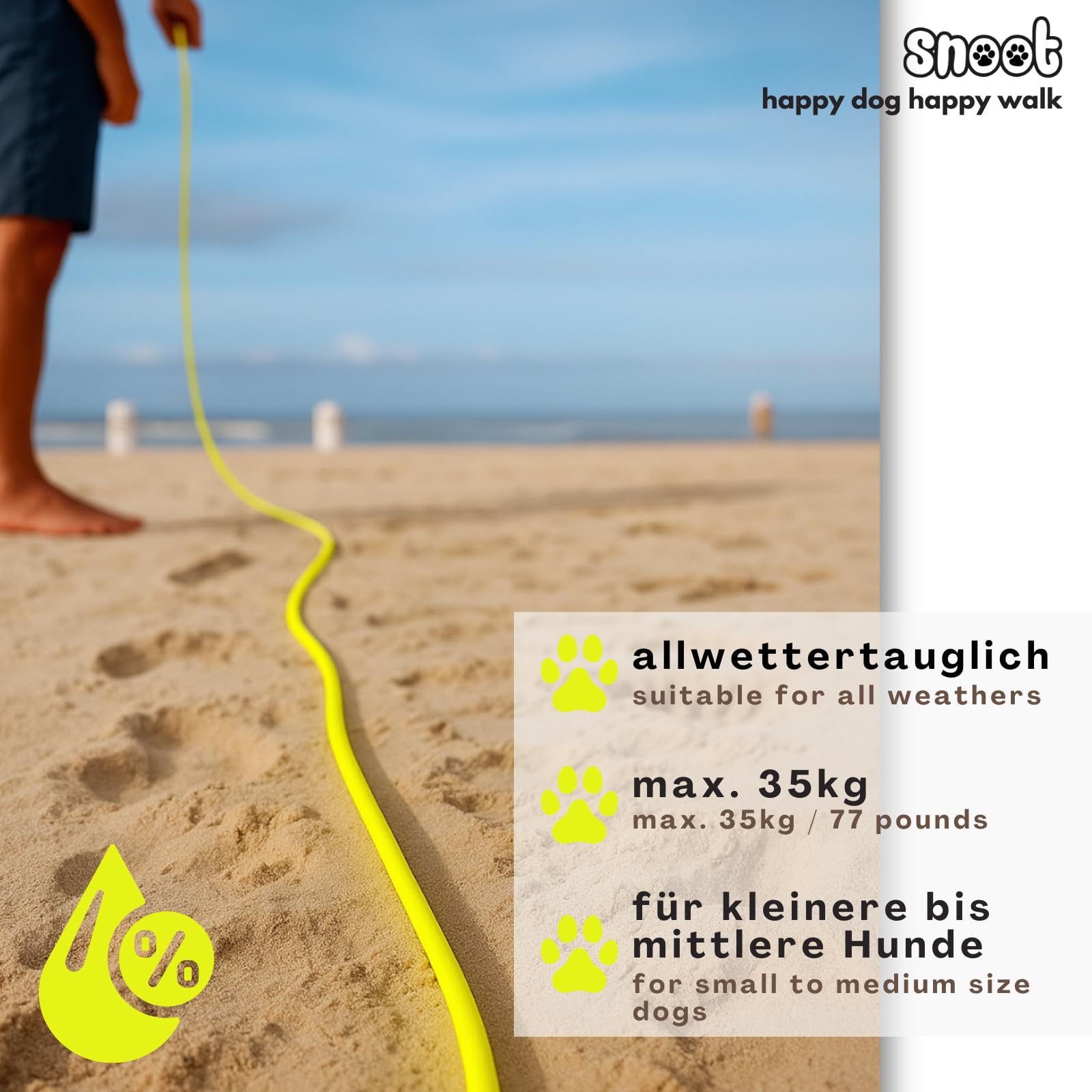 Laisse pour chien de 15 m - Étanche - Ronde - Sans boucle - Laisse d'entraînement sûre - Jaune fluo - Jusqu'à 35 kg