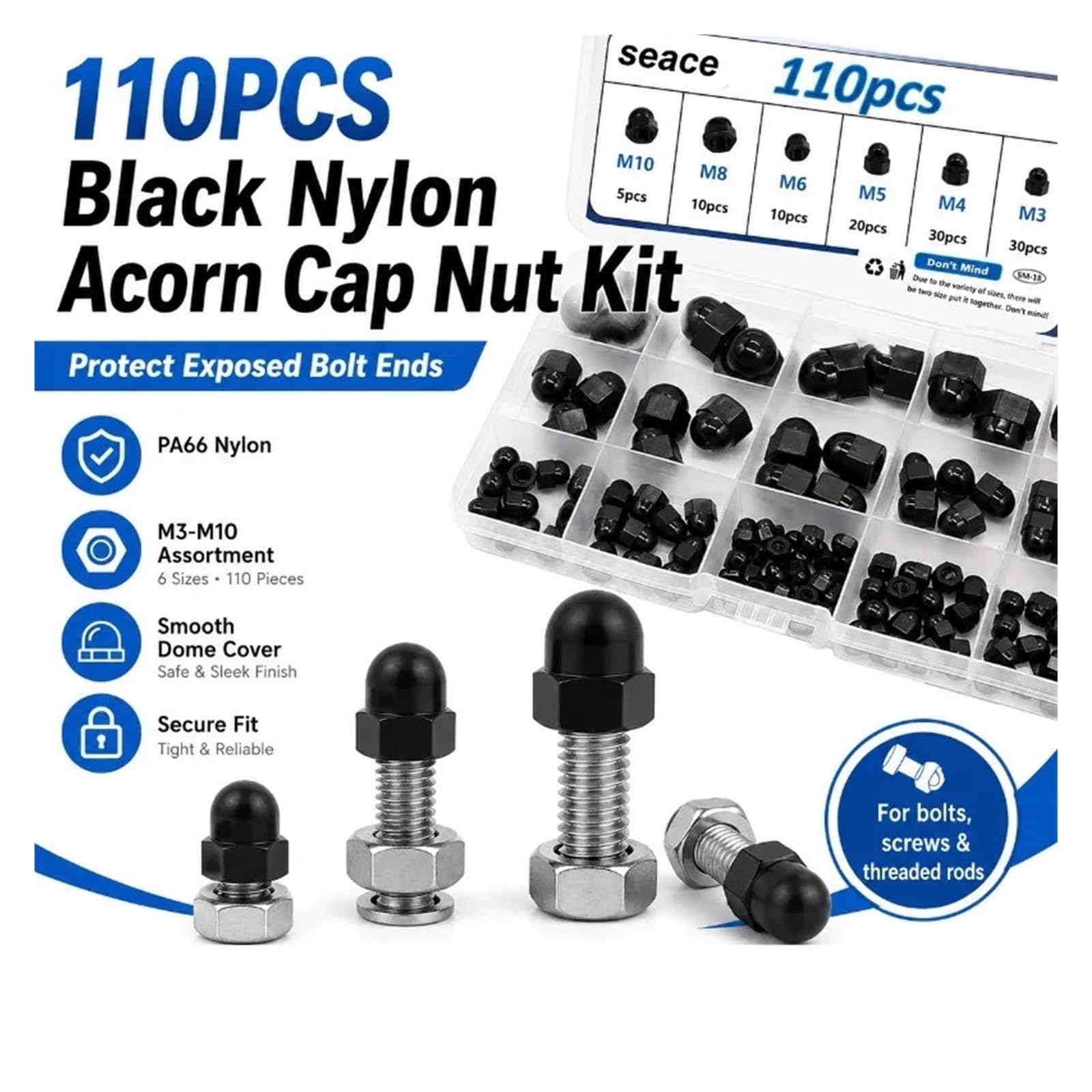 Sechskant Hutmutter Edelstahl Schwarze Nylon-Hutmutter | Sortiment M3-M10 Kuppel-Sechskantmuttern-Set, Box for Bolzen, Schrauben, DIY-Reparatur
