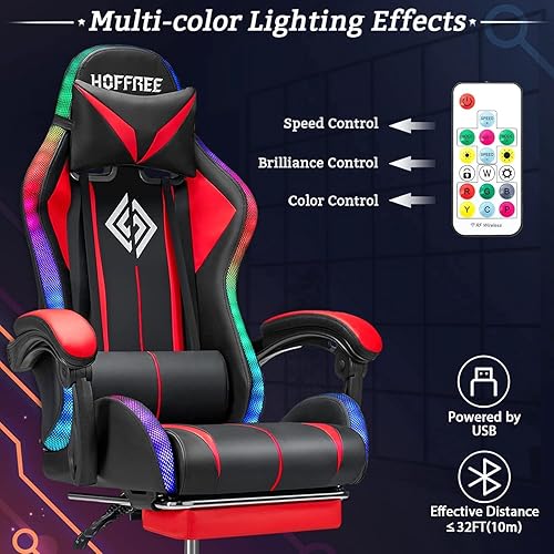 Vista 5 de Silla de juegos RGB masaje con luces LED y reposapiés, silla ergonómica para juegos de computadora con respaldo alto, silla de videojuegos