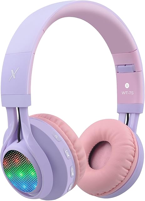 Riwbox Kids Bluetooth Headphones, WT-7S LED Light Up Foldable Stereo Wireless&Wired Kids Headphones with Microphone for School/PC/iPhone/TV/iPad/Tablet (Purple)