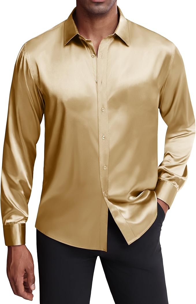 Men’s Gold Silk Satin Dress Shirt — Shiny Long Sleeve Casual Button-Down for Luxury Parties & Prom