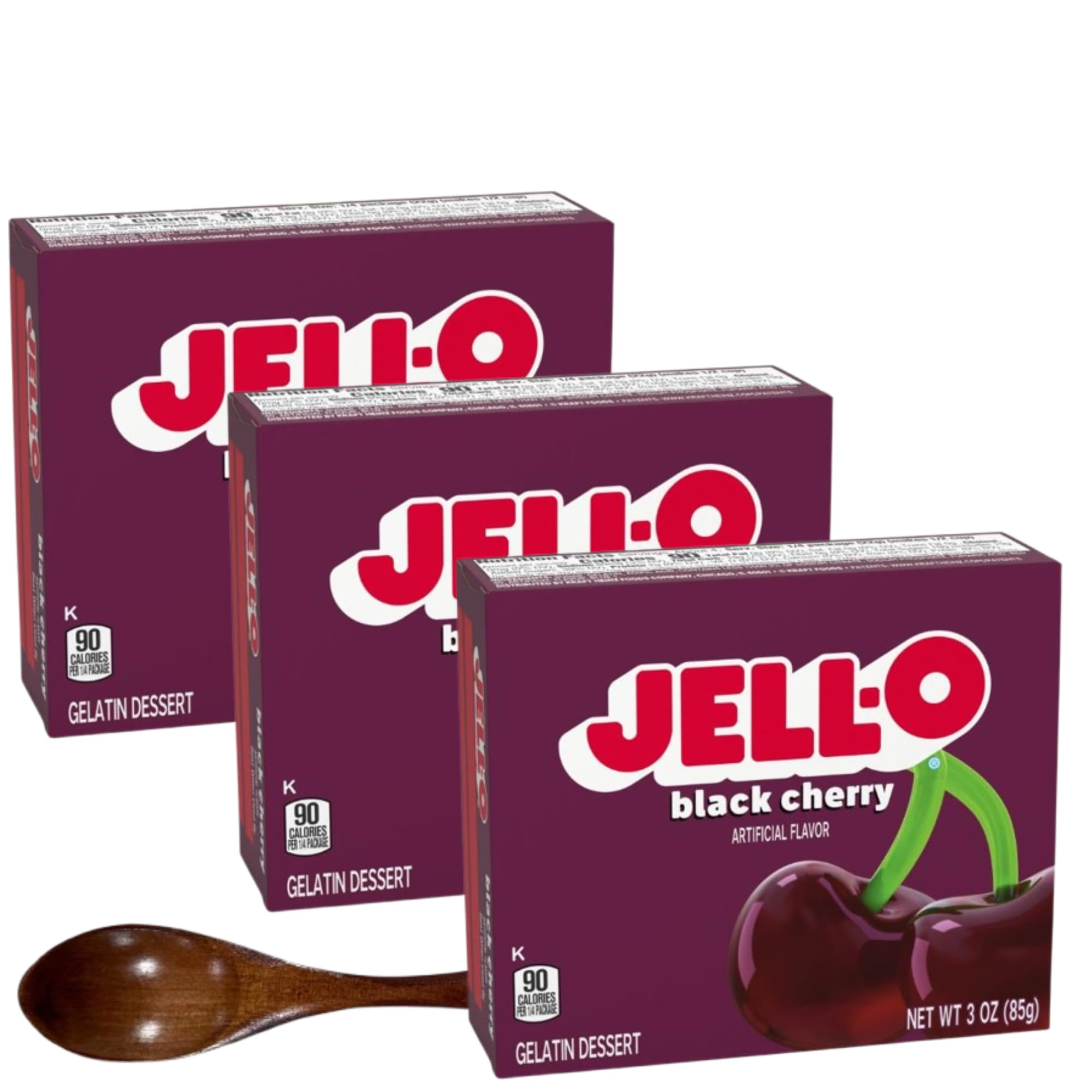 Gelatin Dessert Mix - 3 oz Boxes (Pack of 3) - With Candy Freezer Wooden Spoon (Black Cherry) - Wooden Spoon