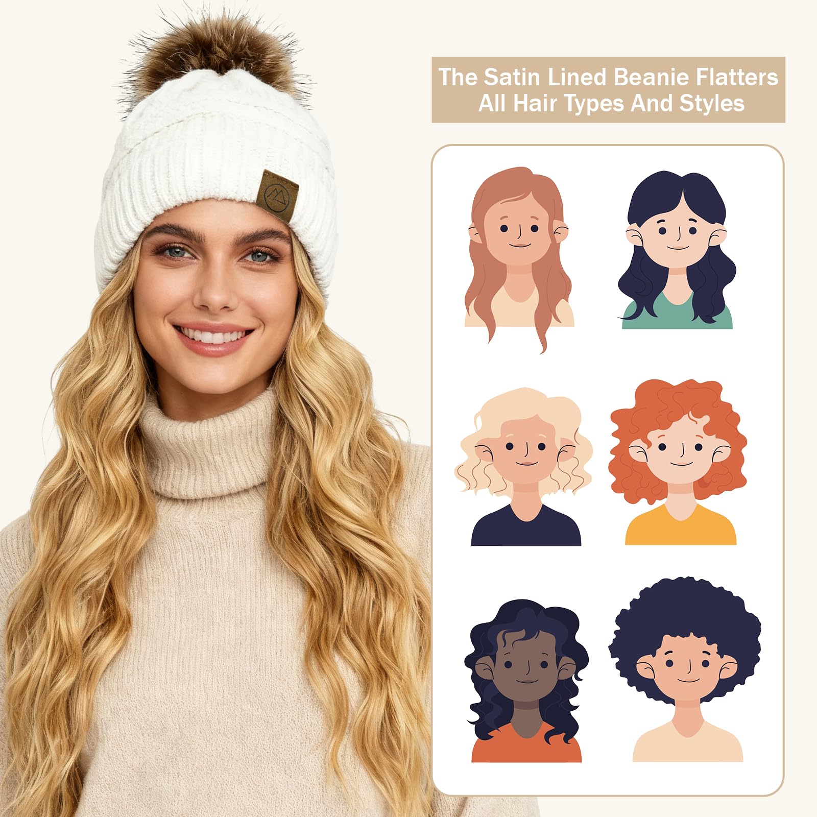 American Trends Gorros de invierno para mujer, gorro holgado con forro de satén con pompón, gorro cálido de punto trenzado para esquí de nieve, Anaranjado Oscuro, Talla única