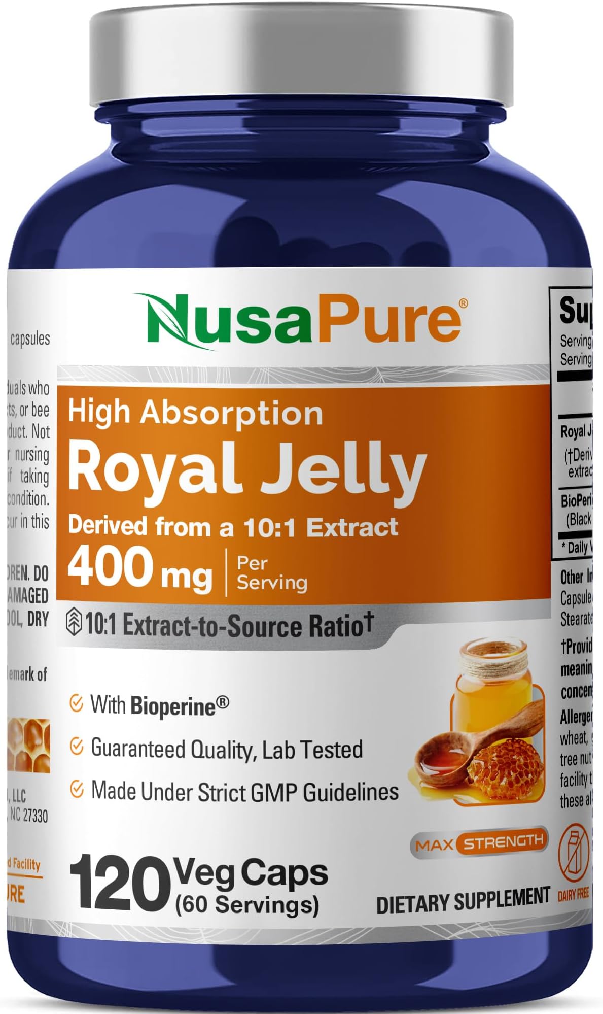 NusaPure Royal Jelly Capsules, 400 mg, 120 Veg Capsules (Non-GMO, Dairy Free)