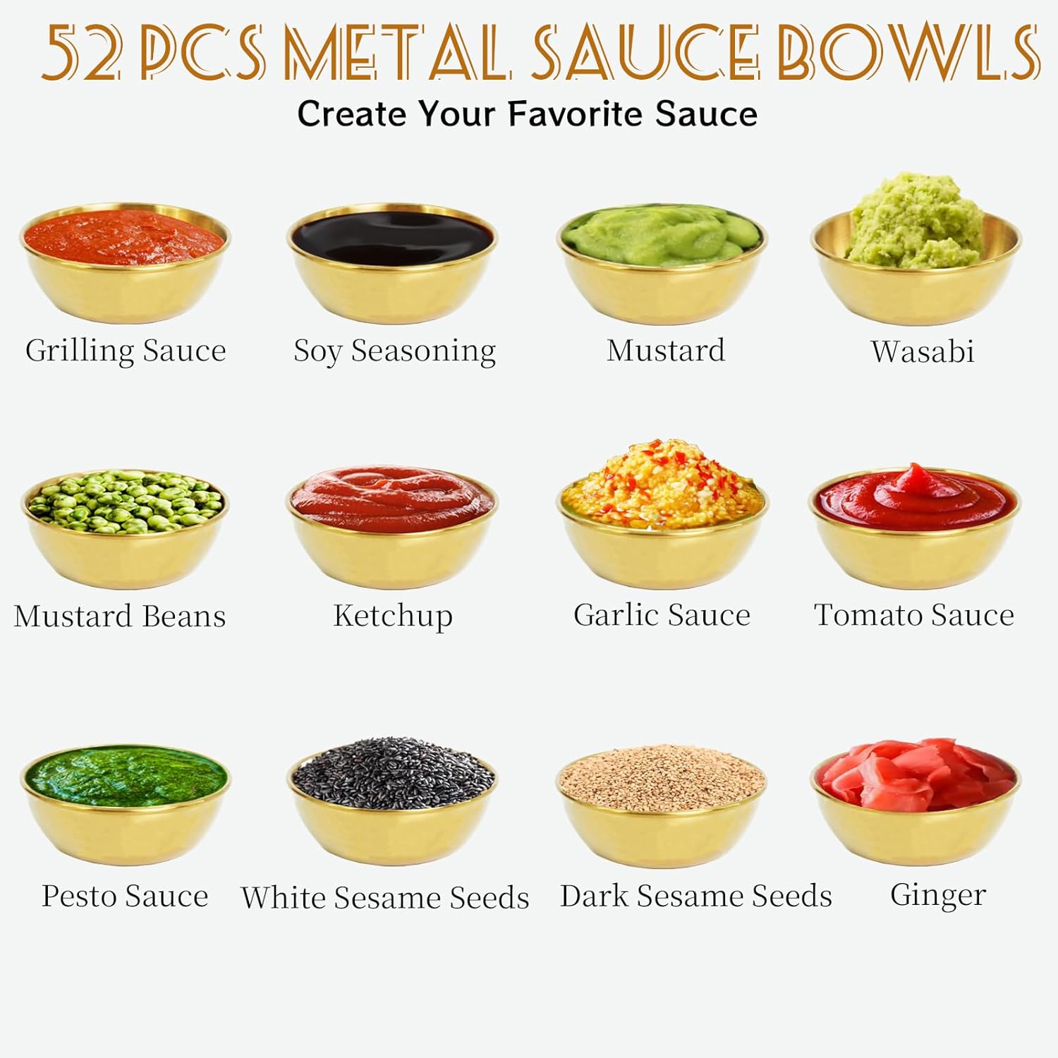 52 Pcs Metal Sauce Bowls 3.2 Inch Gold Mini Round Saucers Stainless Steel Seasoning Dishes Cups Small Sushi AppetizerBowls for Restaurant Kitchen Barbecues Dipping