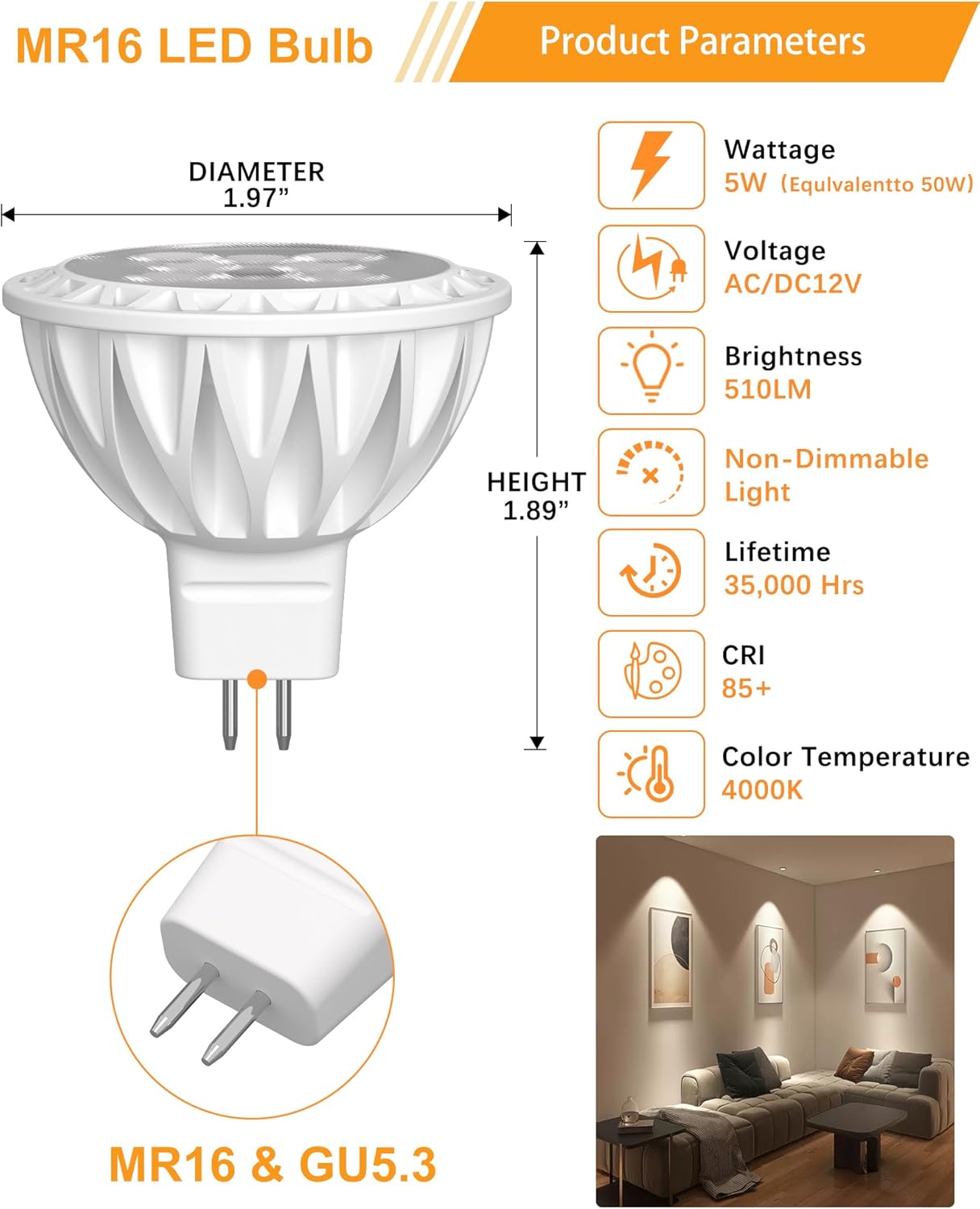 12 Pack MR16 LED Bulbs, 50 Watt Equivalent Landscape Light Bulbs, 4000K Neutral White 5W GU5.3 MR16 12V Spotlight Bulb, 38 Degree Beam Angle for Landscape, Recessed, Track Lighting