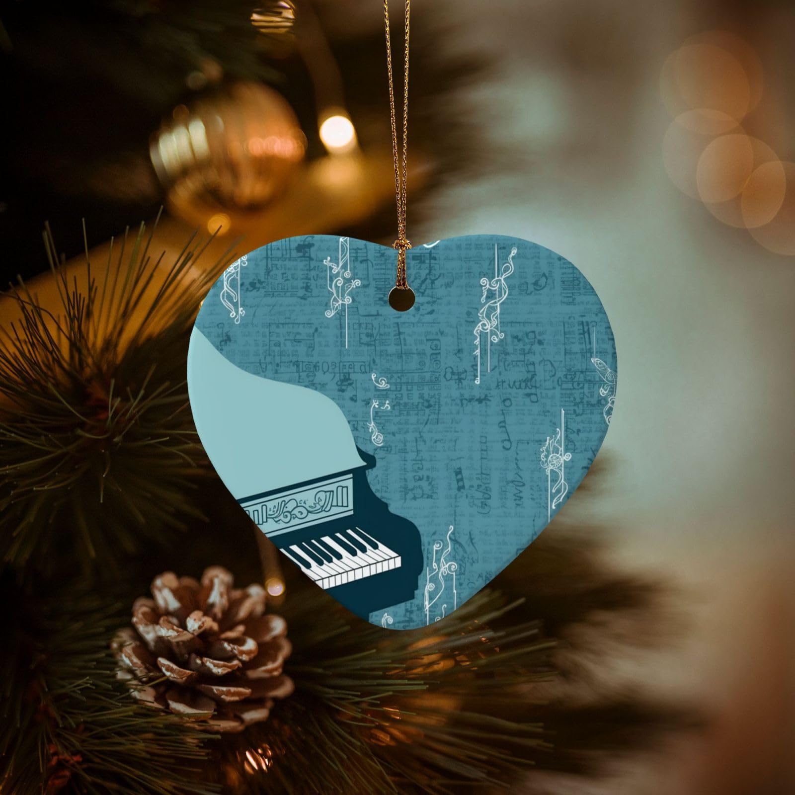 Christmas Tree Ornaments Ceramics Christmas Decorations Blue Piano Ornaments with Gold Ribbon Porcelain Xmas Tree Crafts Heart Shape Hanging Pendant for Christmas Tree Party Decor