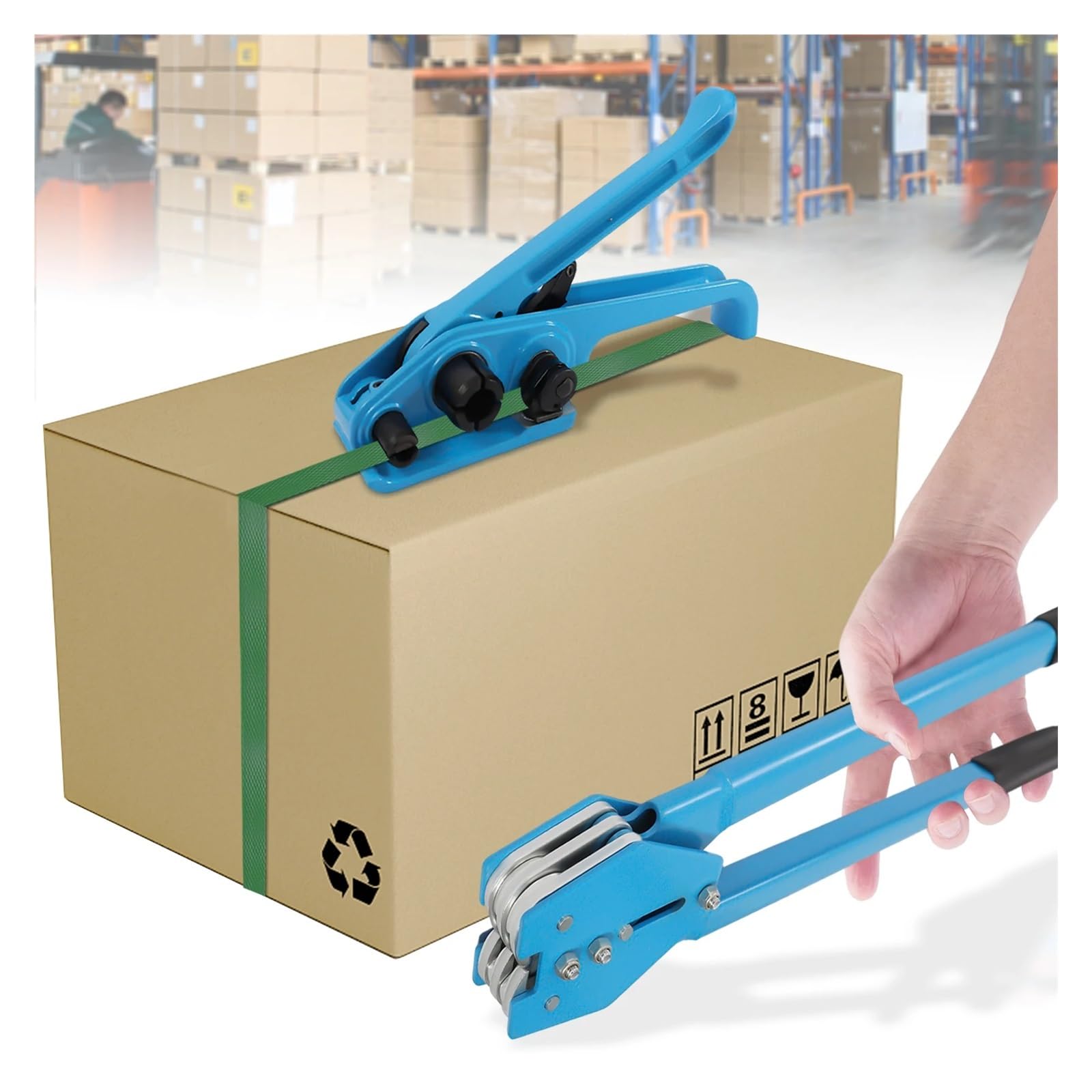 Kit di reggiatura for imballaggio, di tensamento 1000 N, struttura in alluminio pressofuso e acciaio, include guarnizi metalliche, imballaggio in plastica