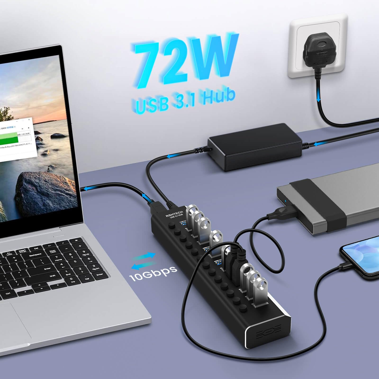 RSHTECH USB-hub met voeding, aluminium USB-hub actief 3.0 met voeding