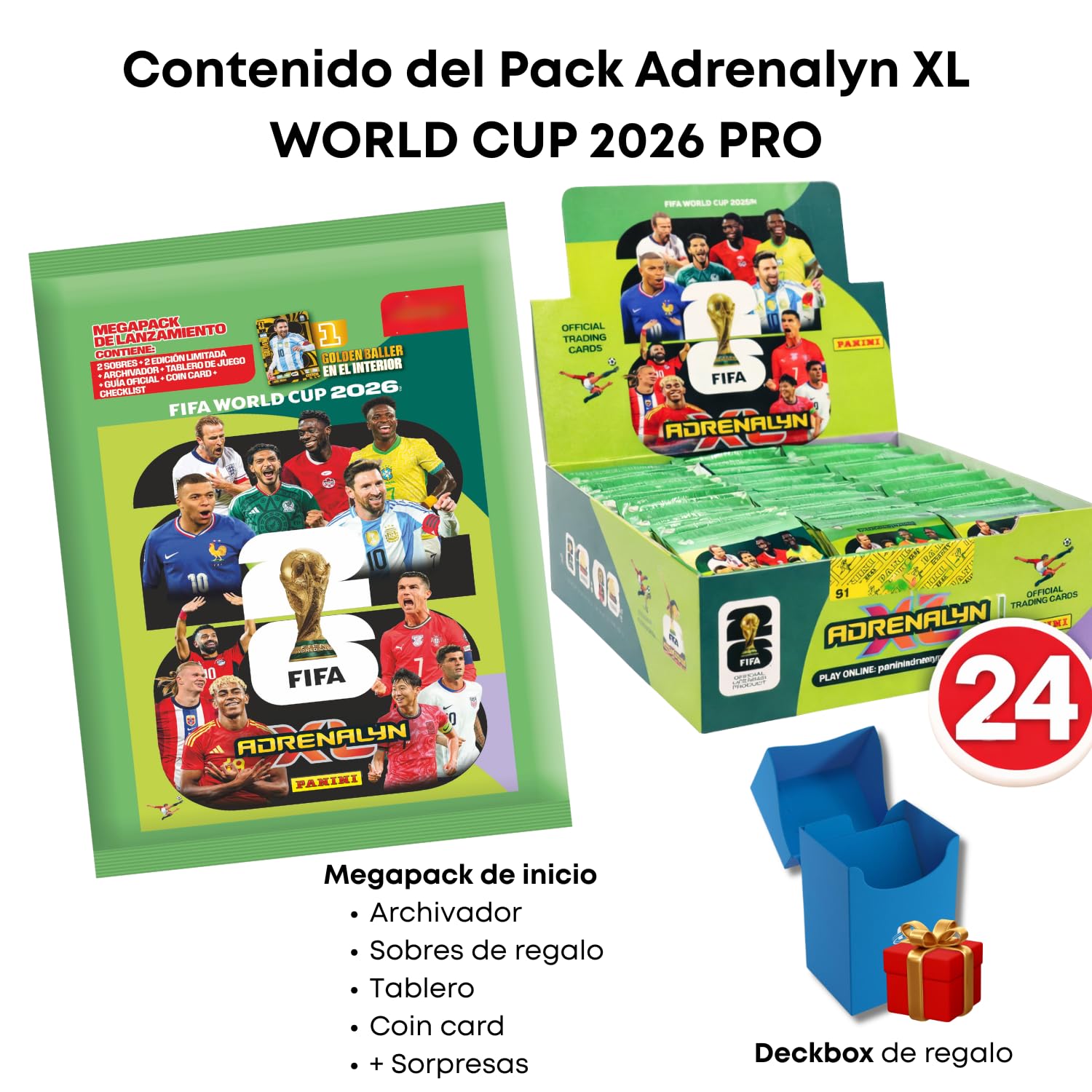 Panini Adrenalyn XL FIFA World Cup 2026™ Megapack de Inicio, Sobres de Cartas Coleccionables, Deck Box de Regalo, Ideal para Coleccionistas (Pro (+24 Sobres))