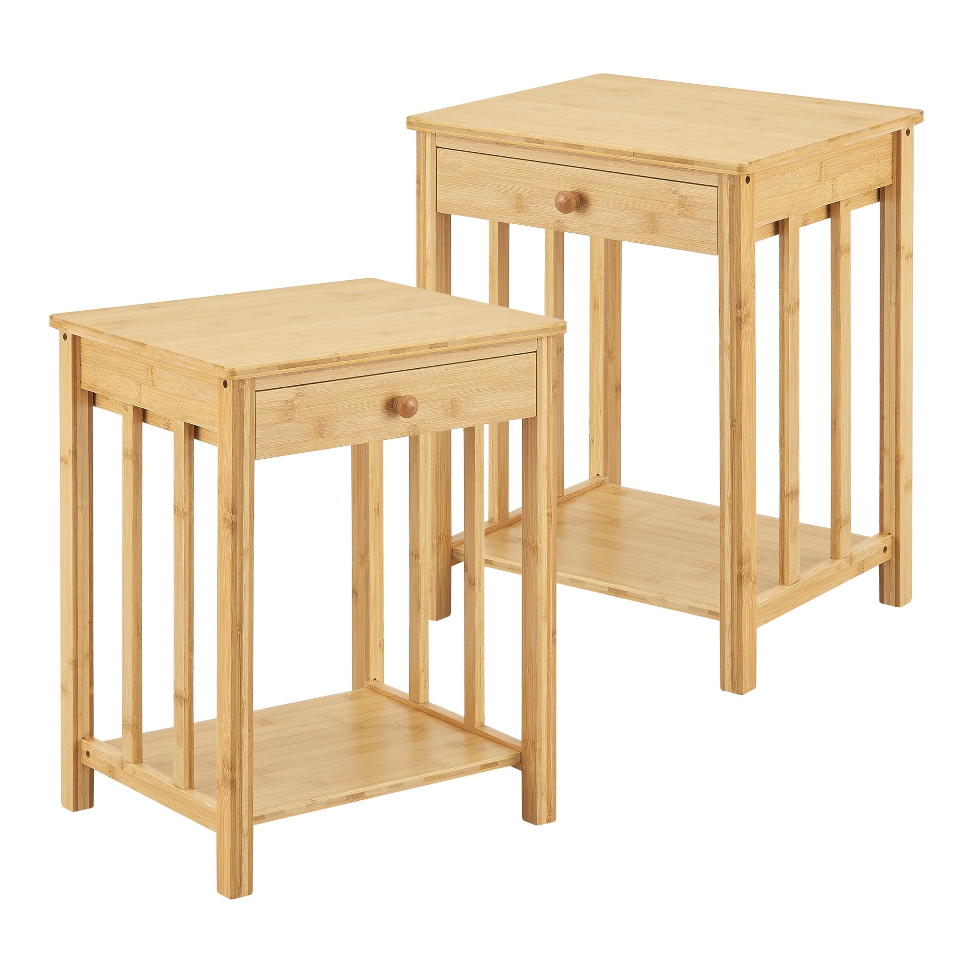 Lot De 2 Tables De Chevet Style Boho - Porte En Résine Tressée Verte, étagère Réglable, Pieds En Bois - 40x35x58 Cm - 4