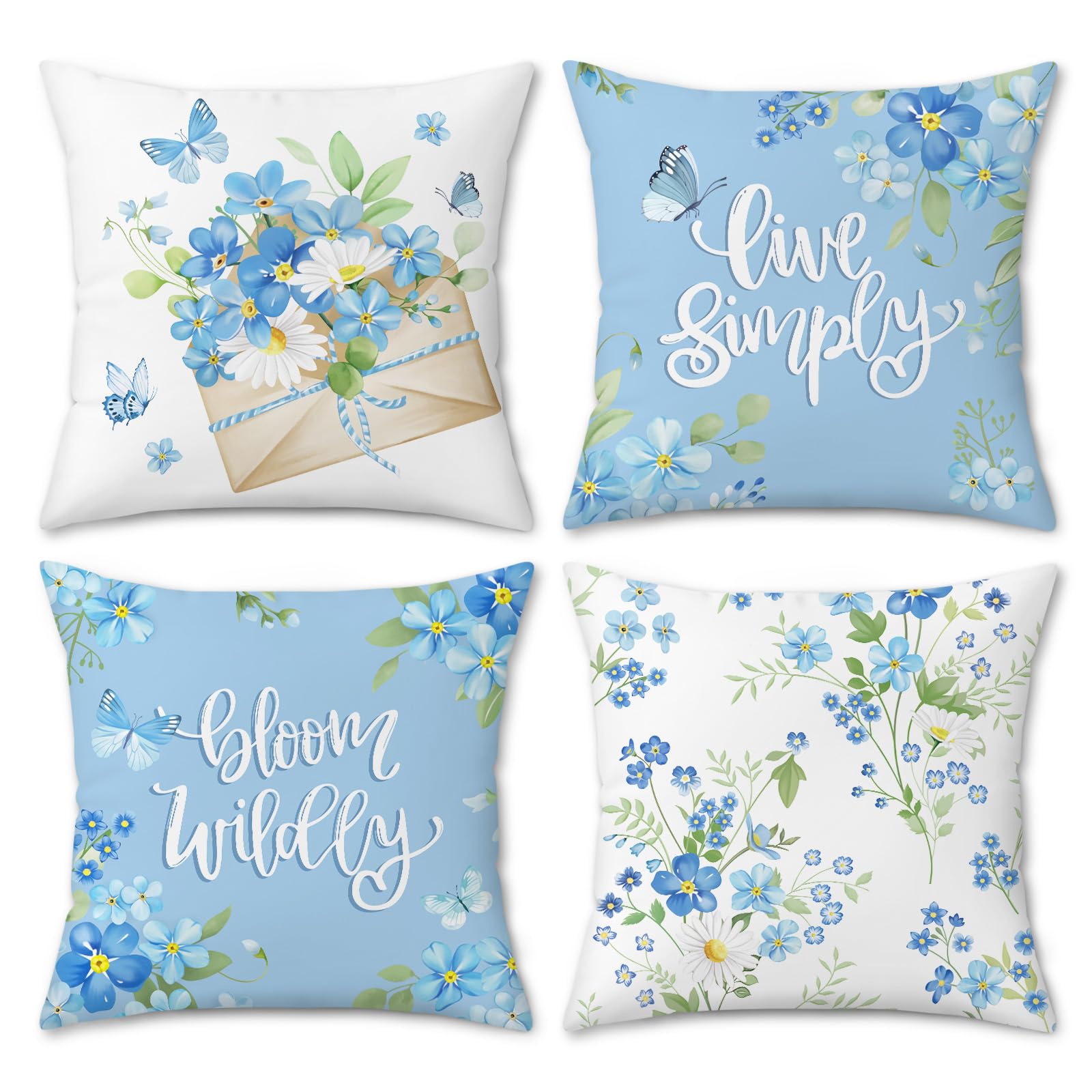 COZZSNUGE Spring Floral Cushion Covers Blue Garden Flowers Daisy Butterfly Bloom Wildly Velvet Decorative Pillowcases for Sofa Bed Home Patio 45 x 45 cm Set of 4